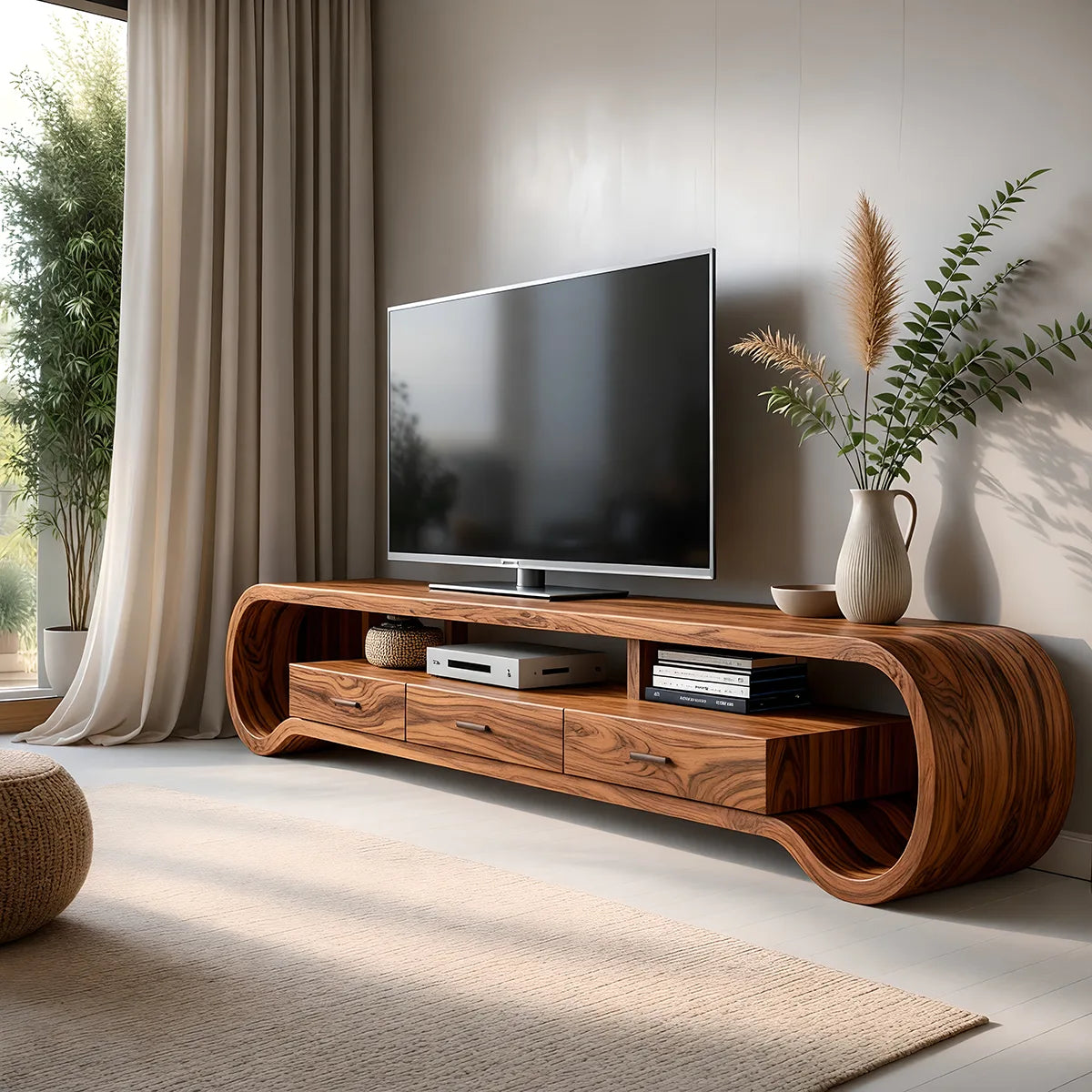 Modern Solid Wood Sculptural Loop TV Stand with Drawers