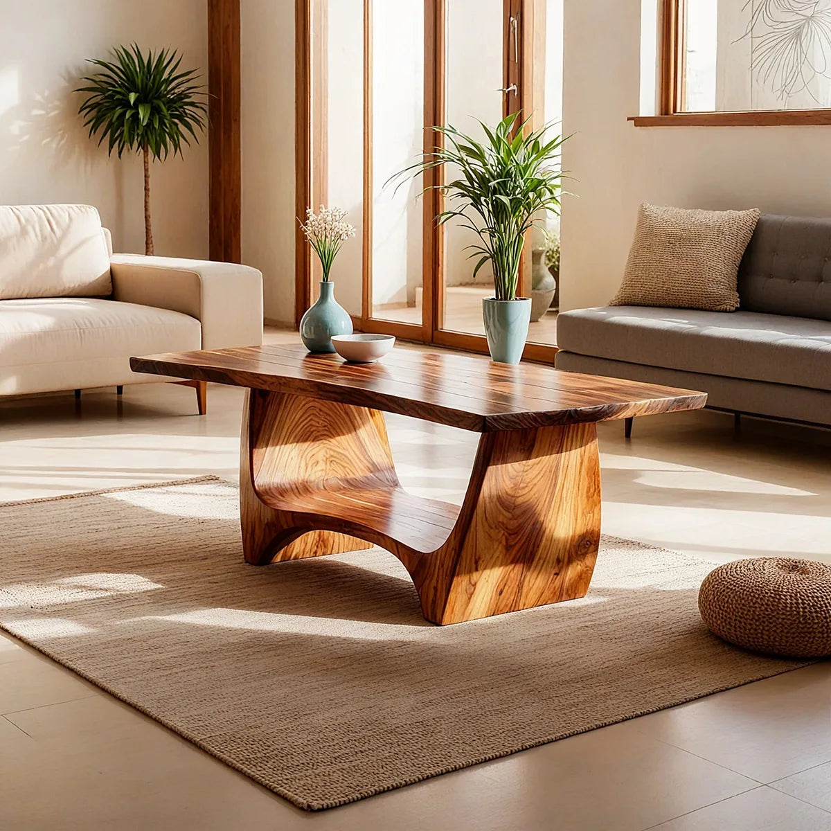 Handcrafted Solid Wood Coffee Table – Modern Rustic Sculptural Center Table