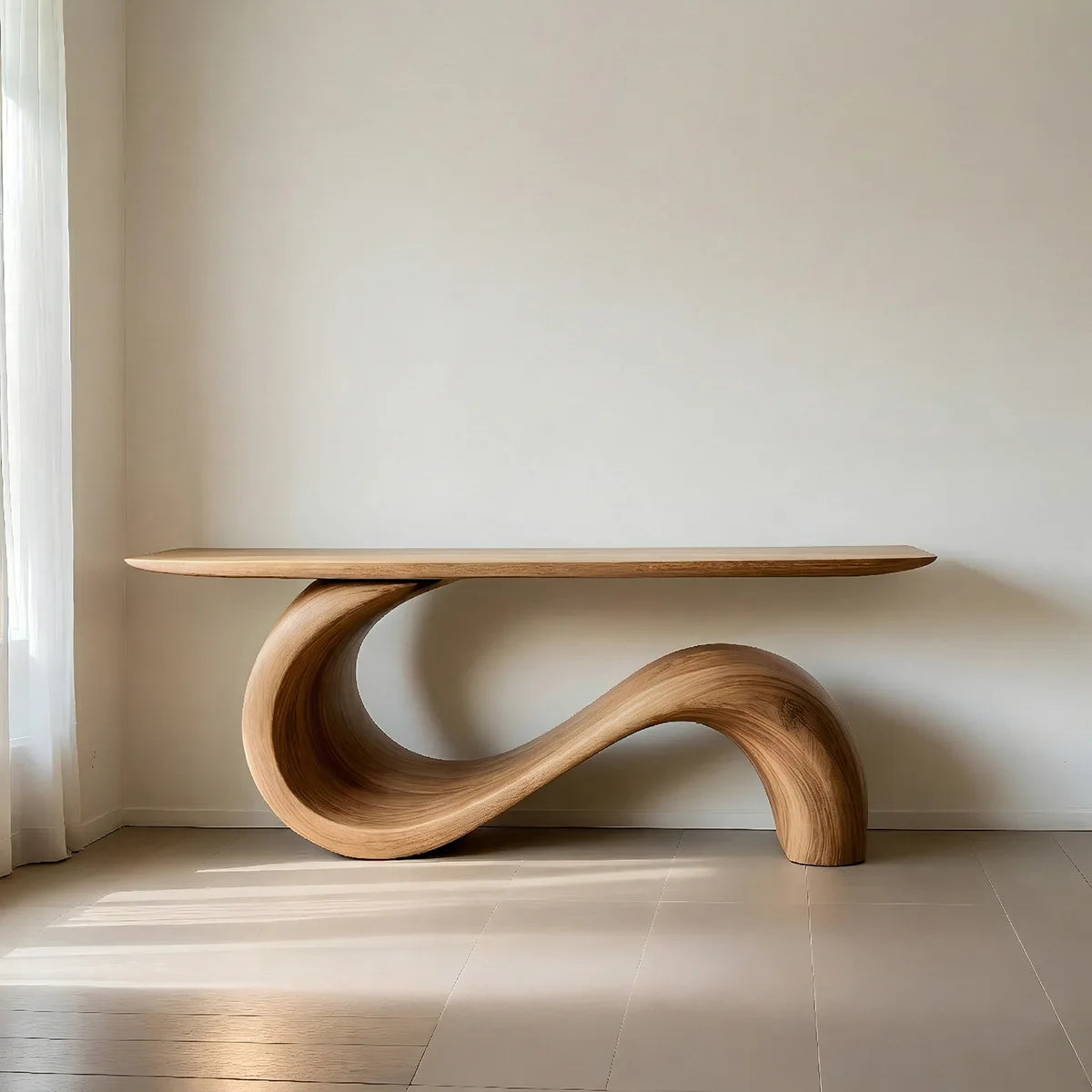 Sculptural Solid Wood Console Table with Flowing S-Curve Base