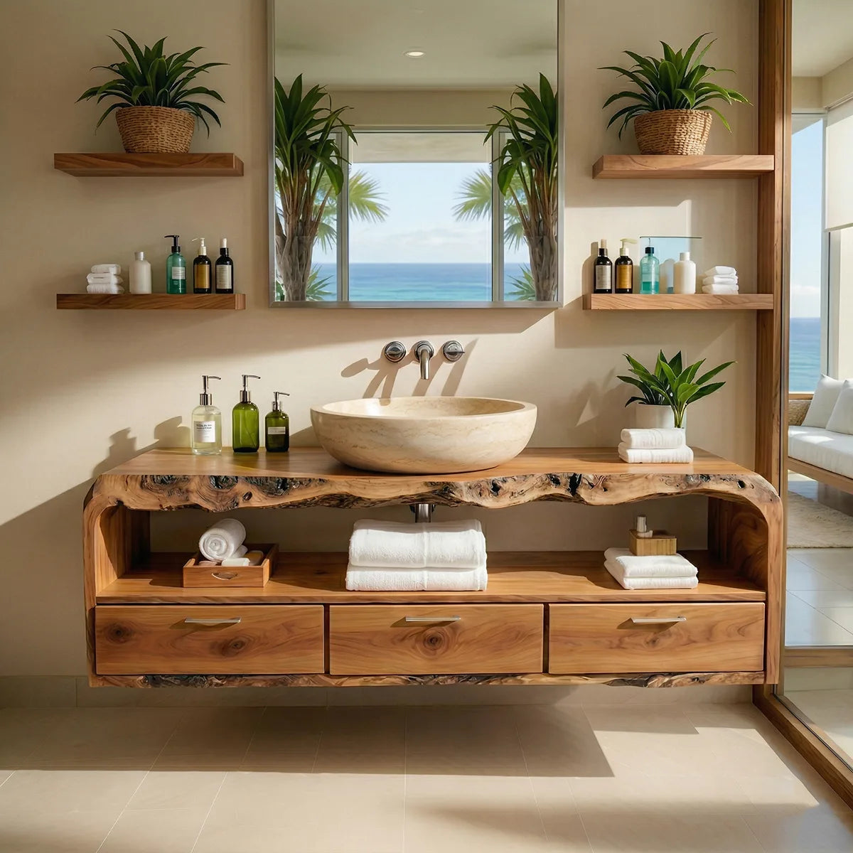 Floating Solid Wood Bathroom Vanity with Live Edge Top, Open Shelf, and 3 Drawers