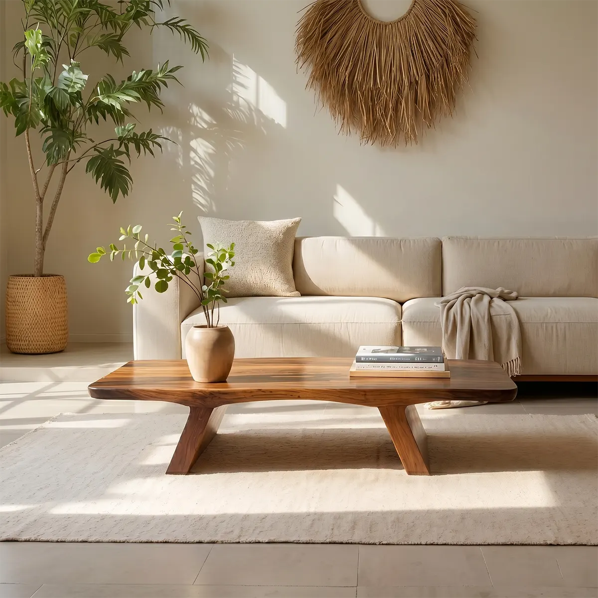 Solid Wood Live Edge Coffee Table with Sculptural Tapered Base