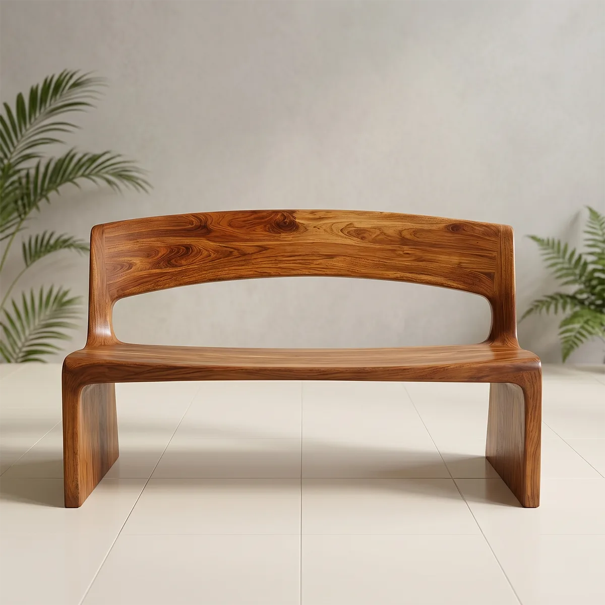Handcrafted Solid Wood Outdoor Bench Minimalist Sculptural Garden Bench with Backrest