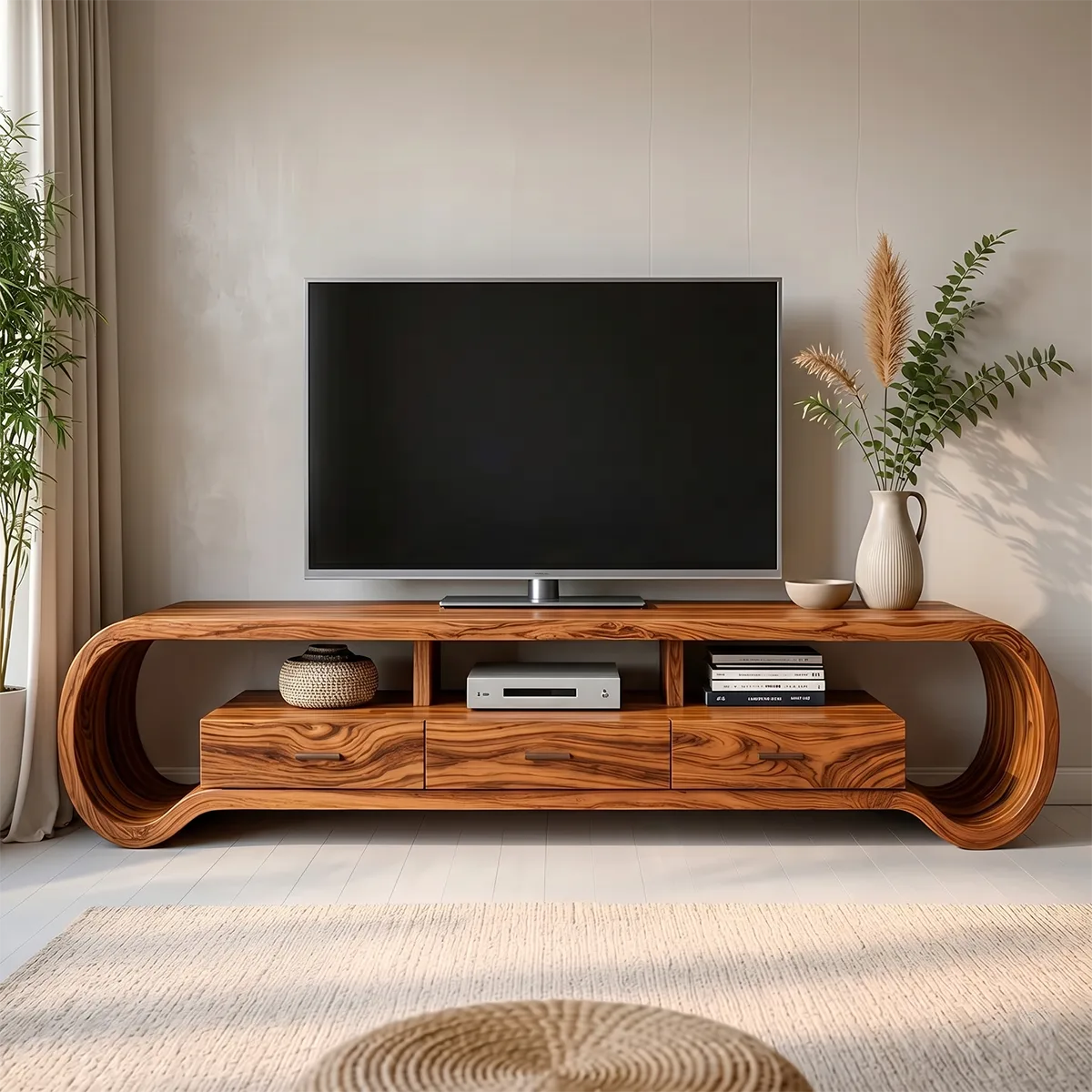 Modern Solid Wood Sculptural Loop TV Stand with Drawers