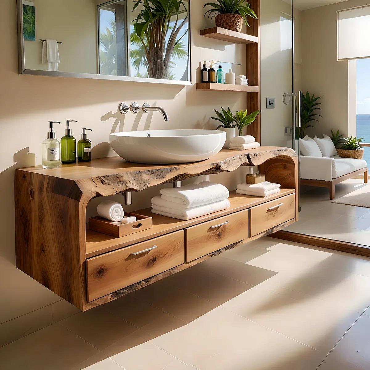 Floating Solid Wood Bathroom Vanity with Live Edge Top, Open Shelf, and 3 Drawers