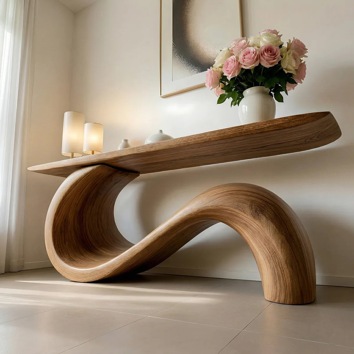 Sculptural Solid Wood Console Table with Flowing S-Curve Base