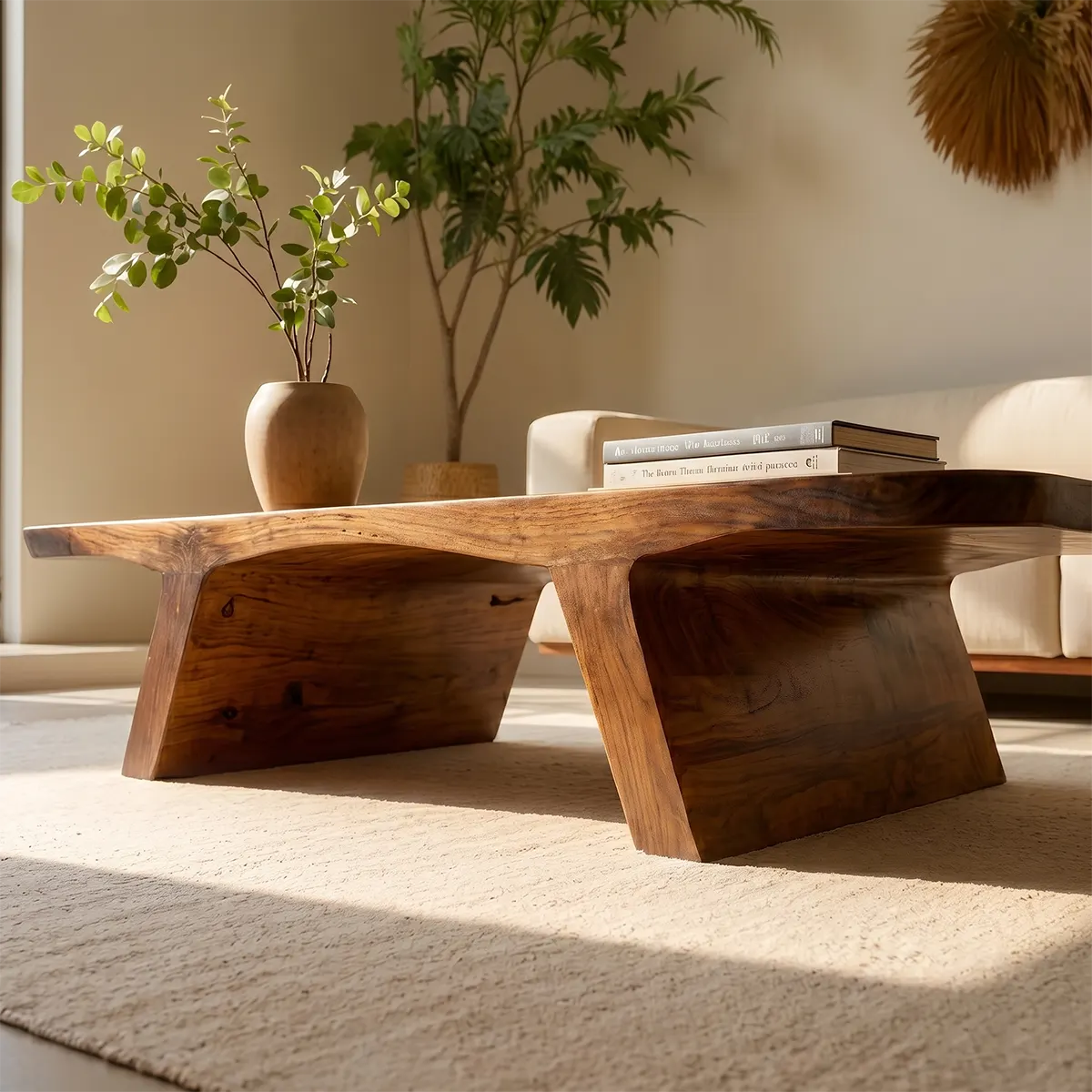 Solid Wood Live Edge Coffee Table with Sculptural Tapered Base