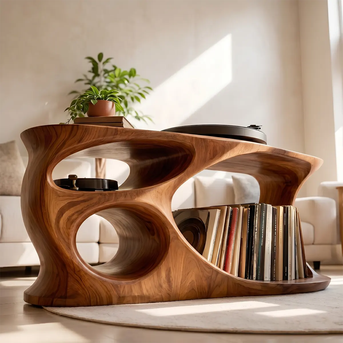 Solid Wood Record Player Stand with Vinyl Storage Shelves