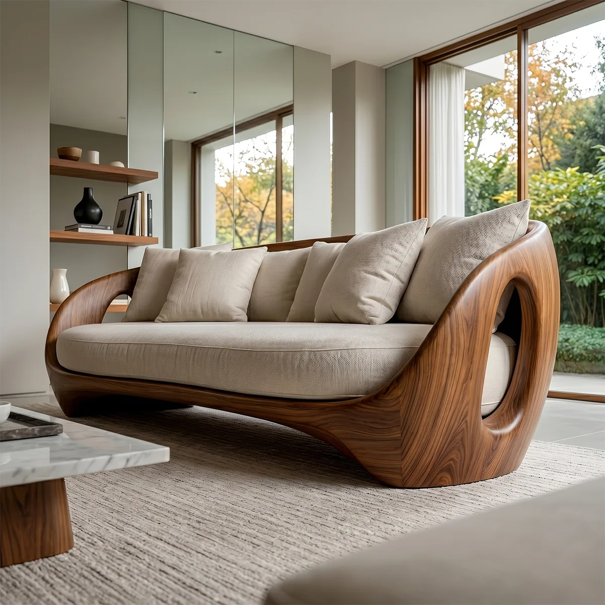 Luxury Organic Modern Sculptural Solid Wood Sofa with Curved Frame
