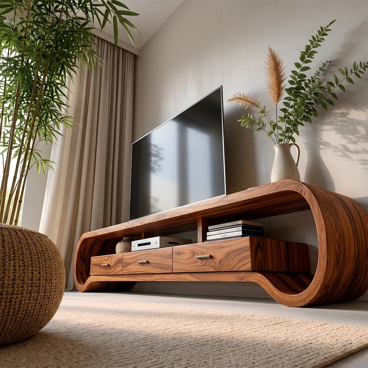 Modern Solid Wood Sculptural Loop TV Stand with Drawers
