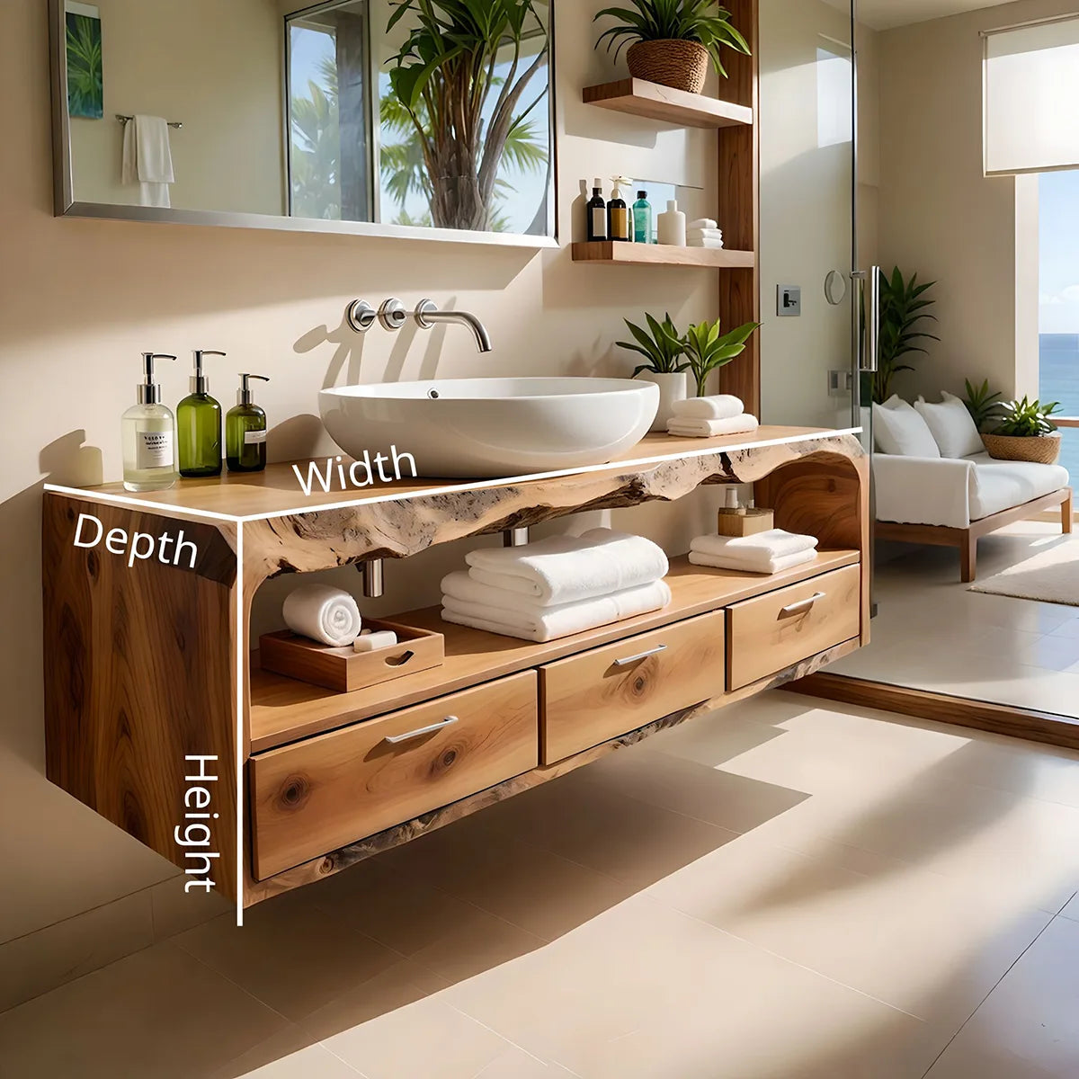 Floating Solid Wood Bathroom Vanity with Live Edge Top, Open Shelf, and 3 Drawers