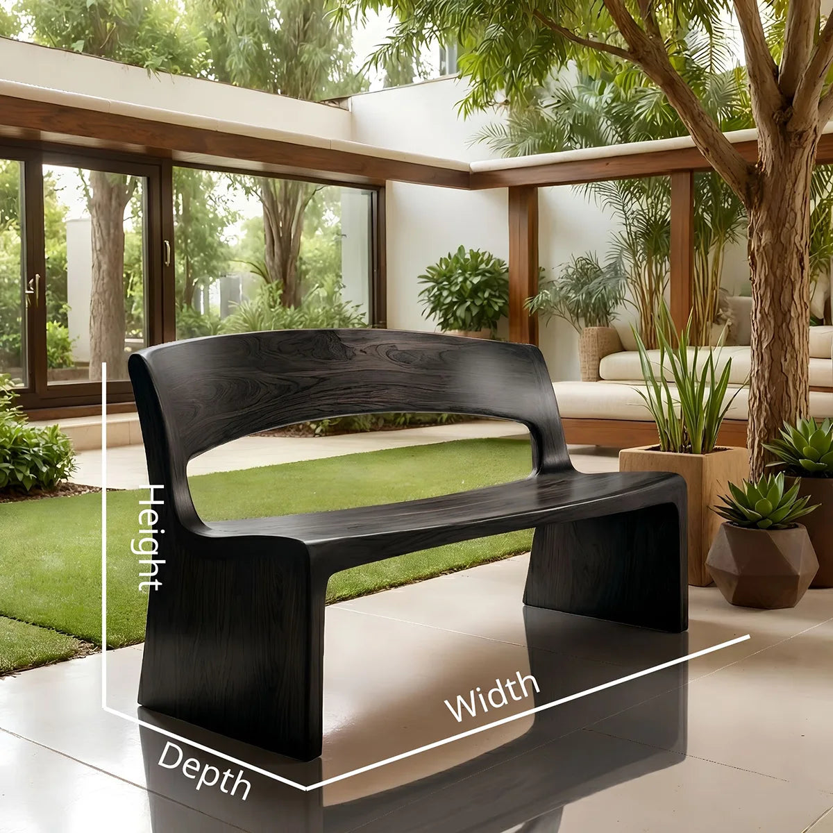 Handcrafted Solid Wood Outdoor Bench Minimalist Sculptural Garden Bench with Backrest