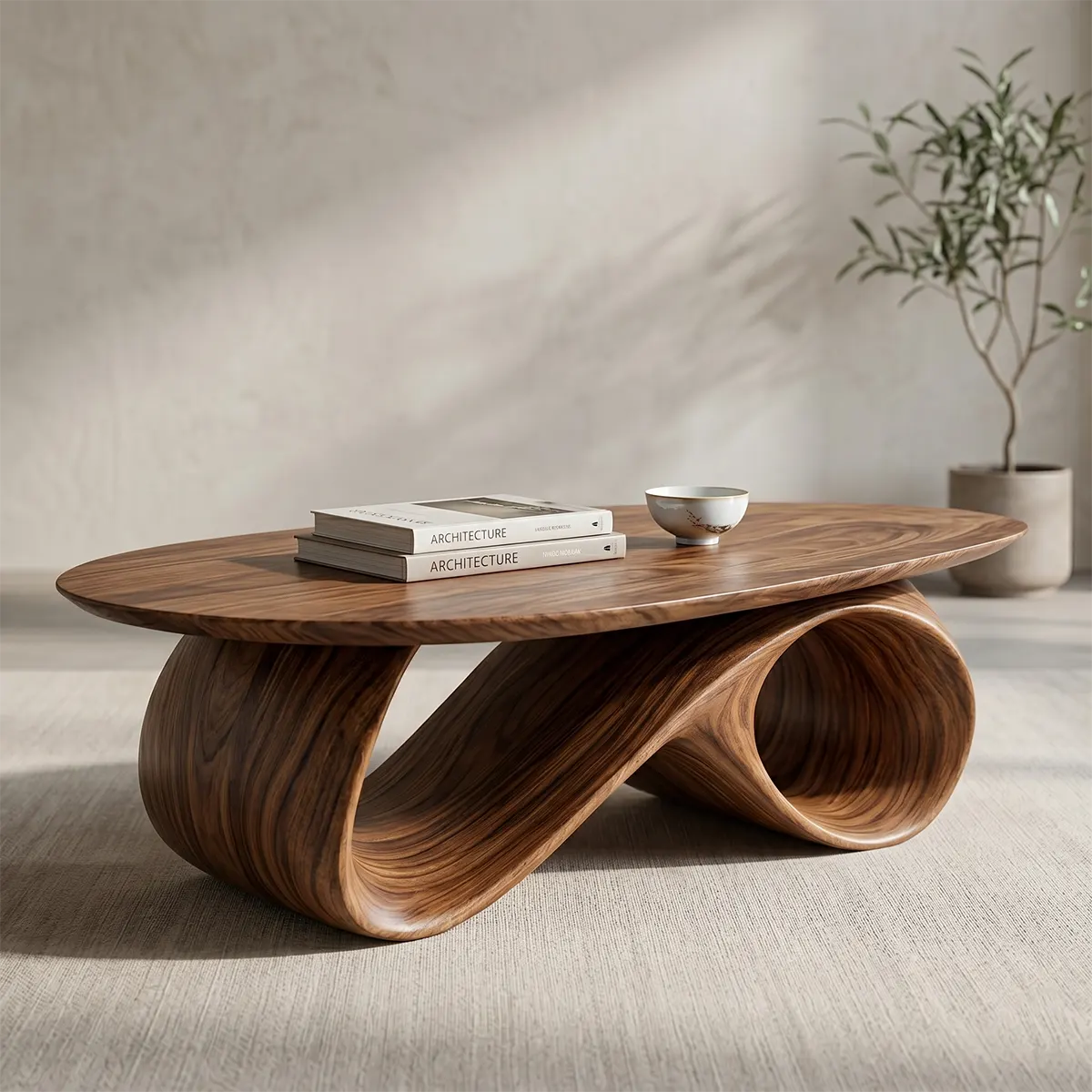 Organic Coffee Table, Sculptural Wood Coffee Table, Modern Oval Living Room Center Table TT006-5012
