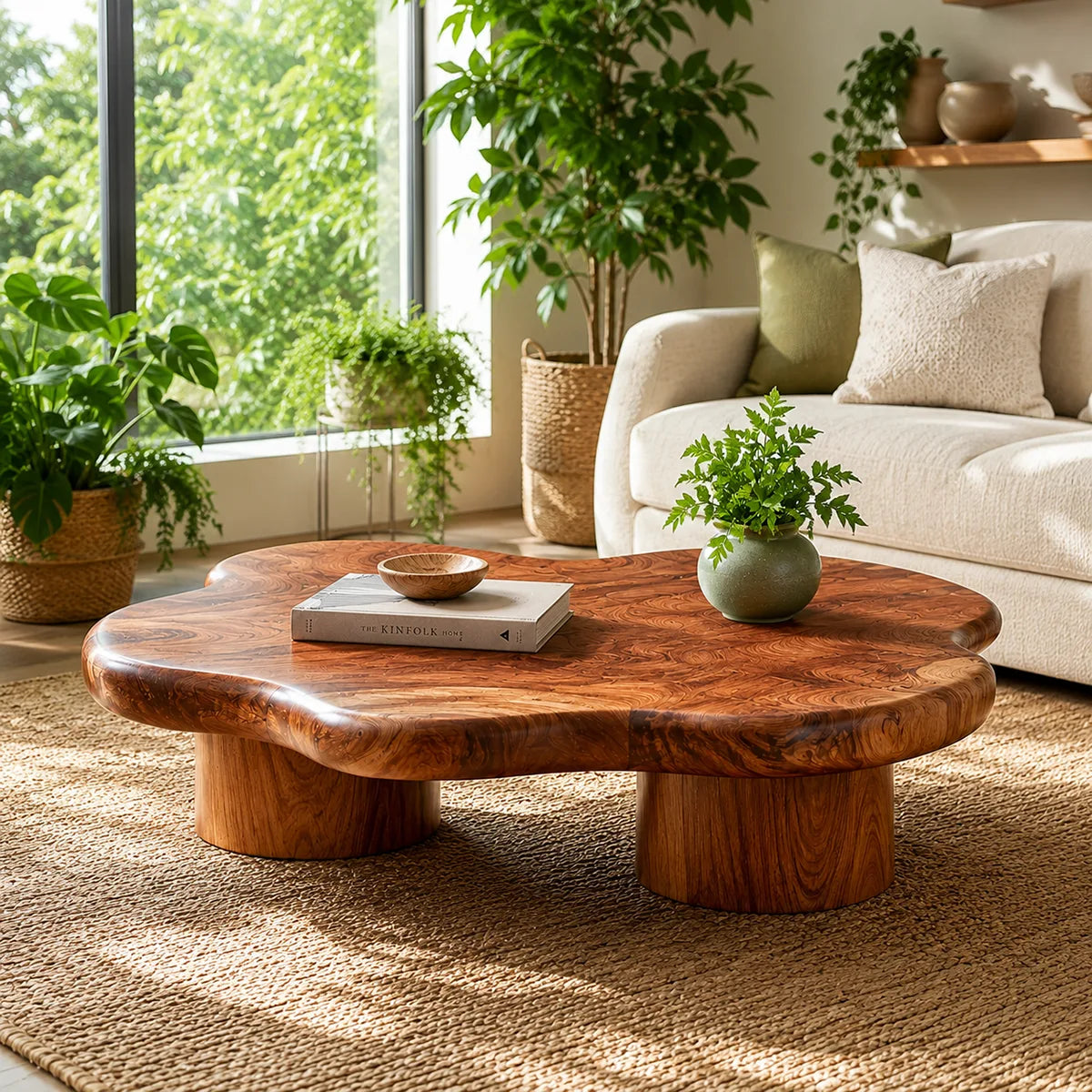 Organic Solid Wood Coffee Table | Freeform Hardwood Coffee Table with Sculptural Pedestal Base TT006-7051