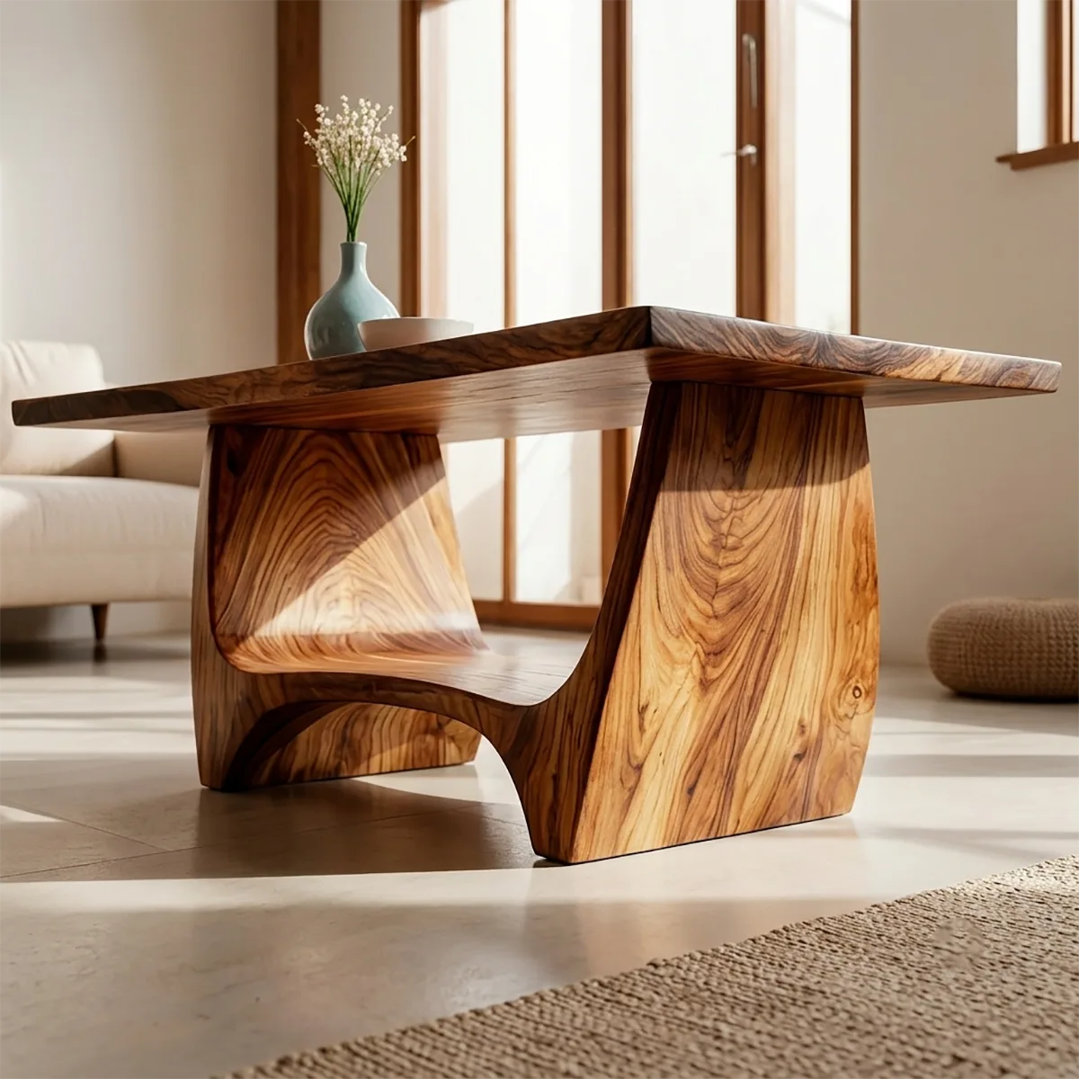 Handcrafted Solid Wood Coffee Table – Modern Rustic Sculptural Center Table
