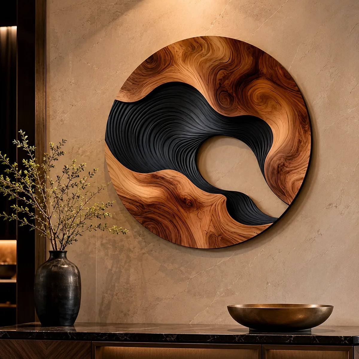 Abstract Wave Wood Wall Art | Large Round Modern Wooden Wall Sculpture TT006-6950