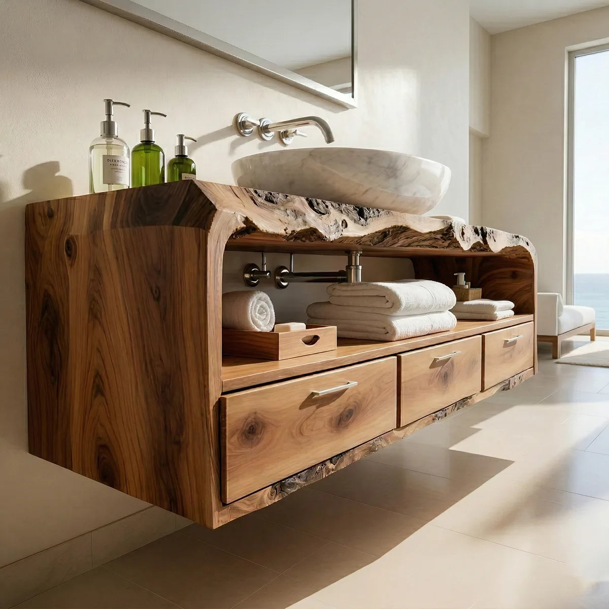 Floating Solid Wood Bathroom Vanity with Live Edge Top, Open Shelf, and 3 Drawers