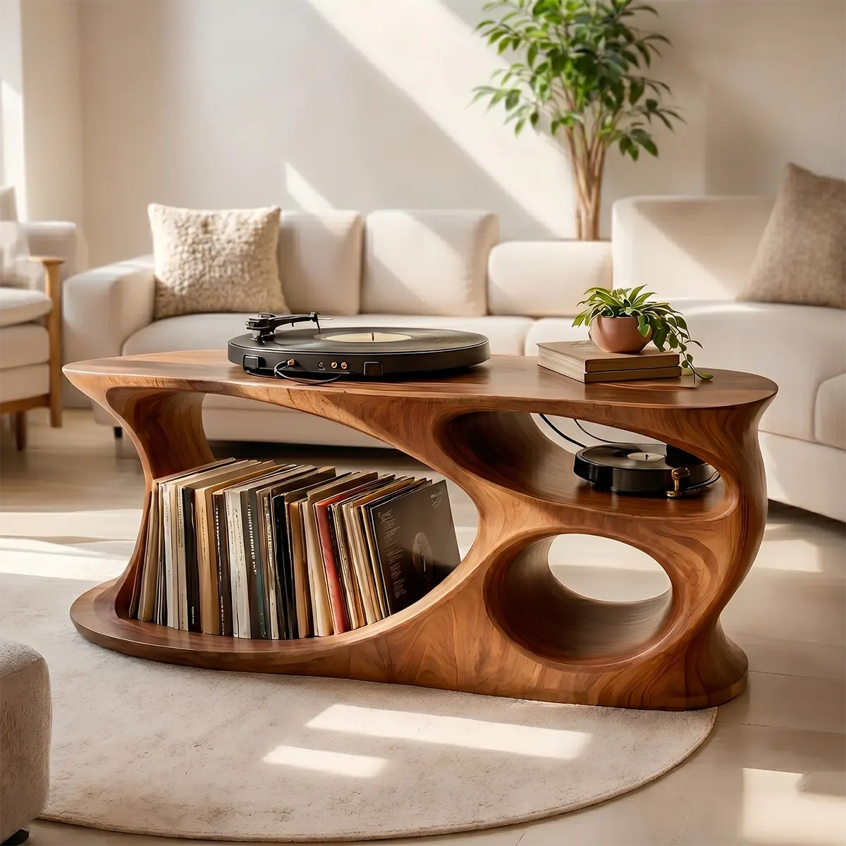 Solid Wood Record Player Stand with Vinyl Storage Shelves