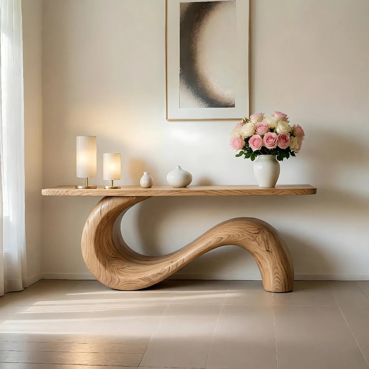 Sculptural Solid Wood Console Table with Flowing S-Curve Base