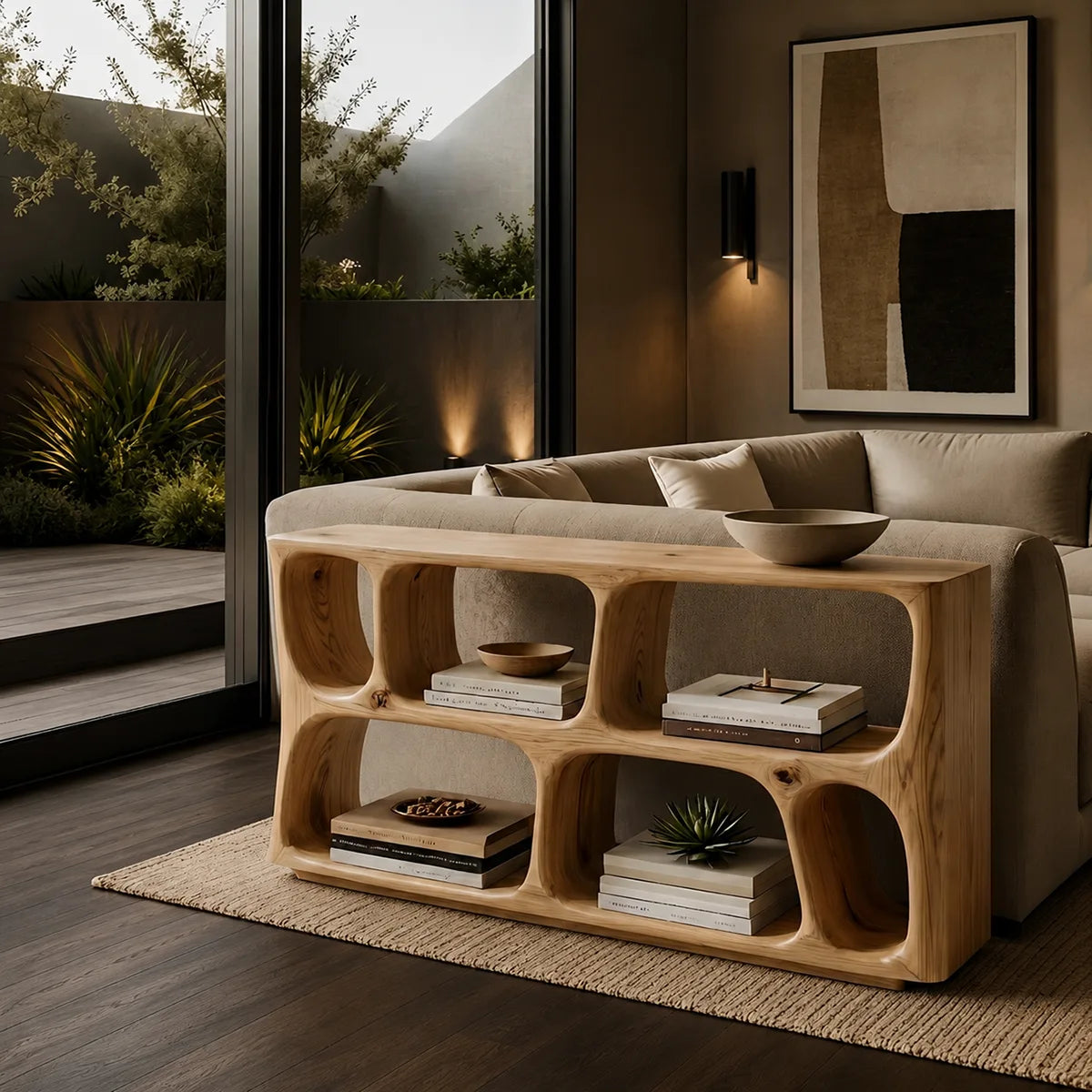 Wood Sofa Table, Console Table Behind Sofa, Organic Modern Storage Console Table HL020-5681