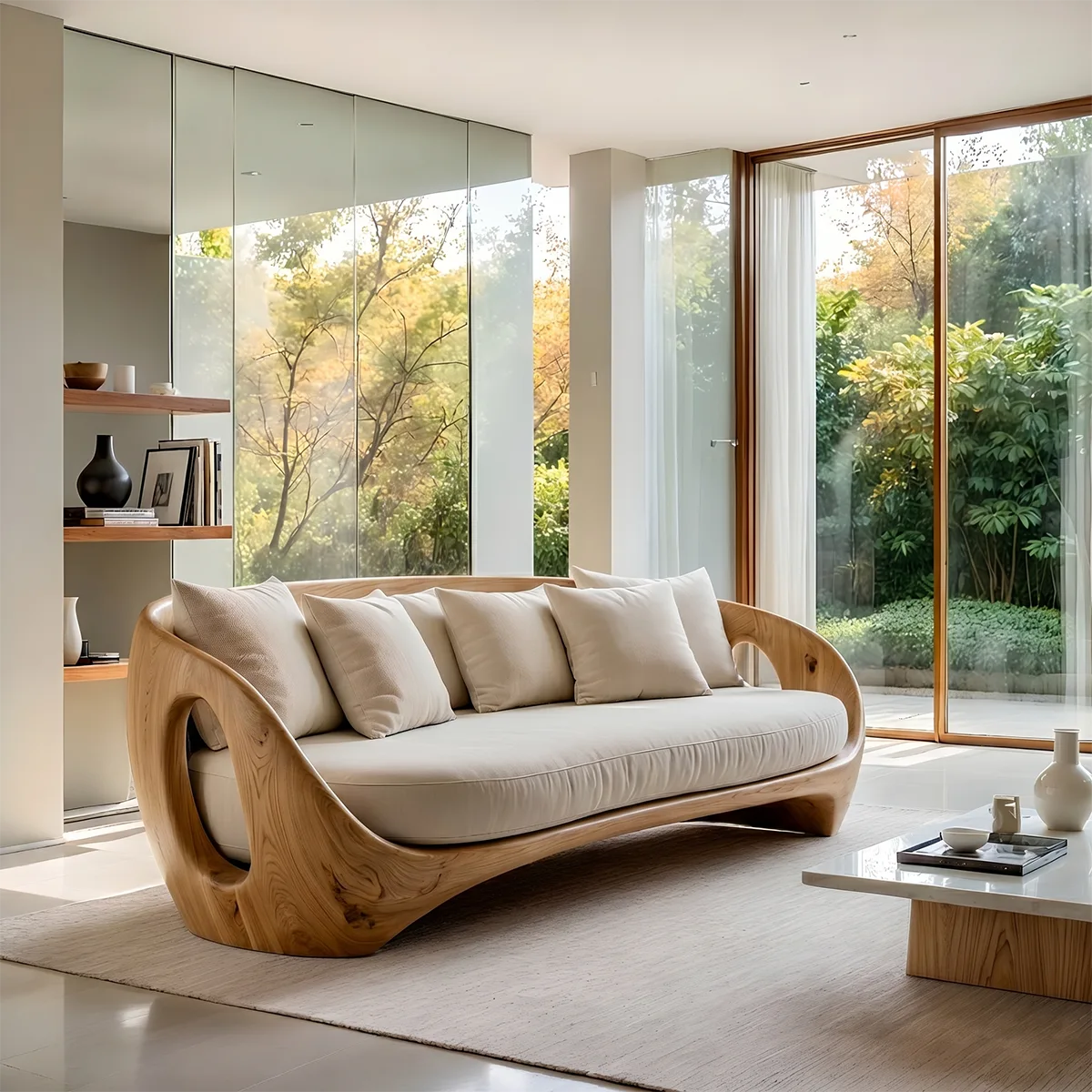 Luxury Organic Modern Sculptural Solid Wood Sofa with Curved Frame