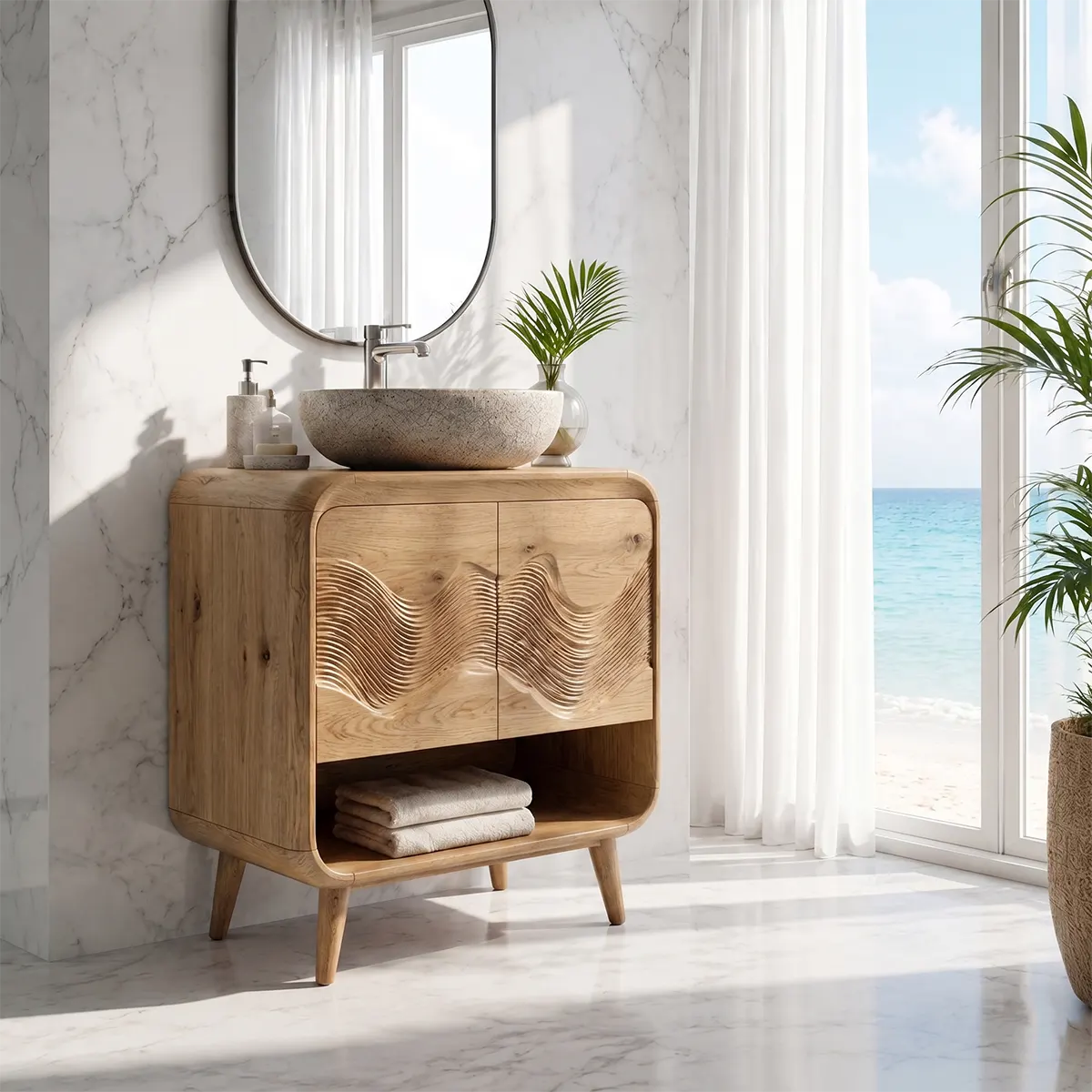 Wave Carved Bathroom Vanity with Open Shelf Storage TT006-1605