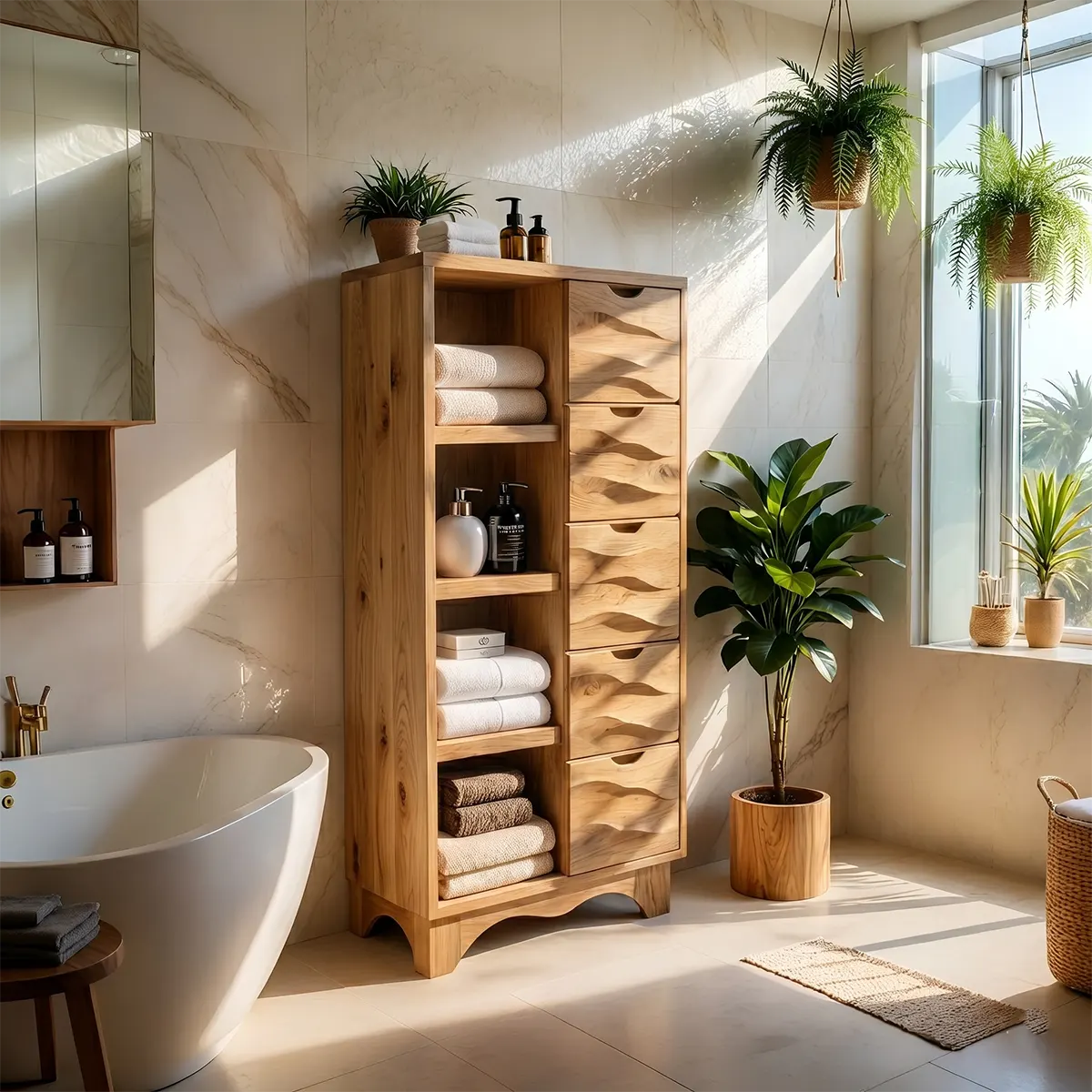 Solid Wood Bathroom Storage Cabinet with Drawers