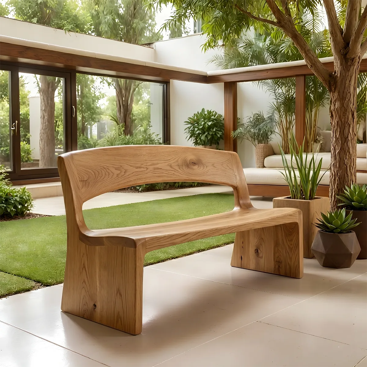 Handcrafted Solid Wood Outdoor Bench Minimalist Sculptural Garden Bench with Backrest