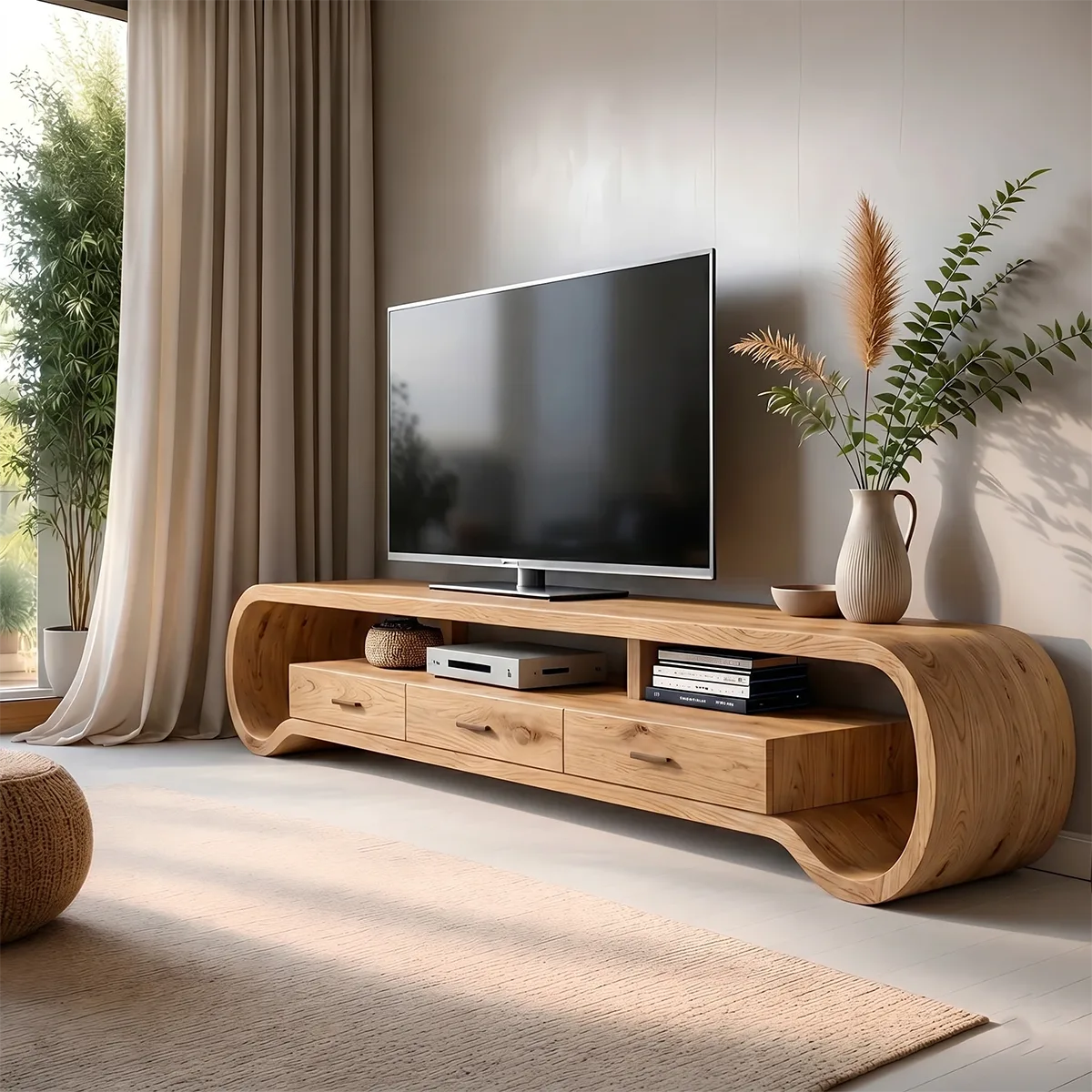 Modern Solid Wood Sculptural Loop TV Stand with Drawers