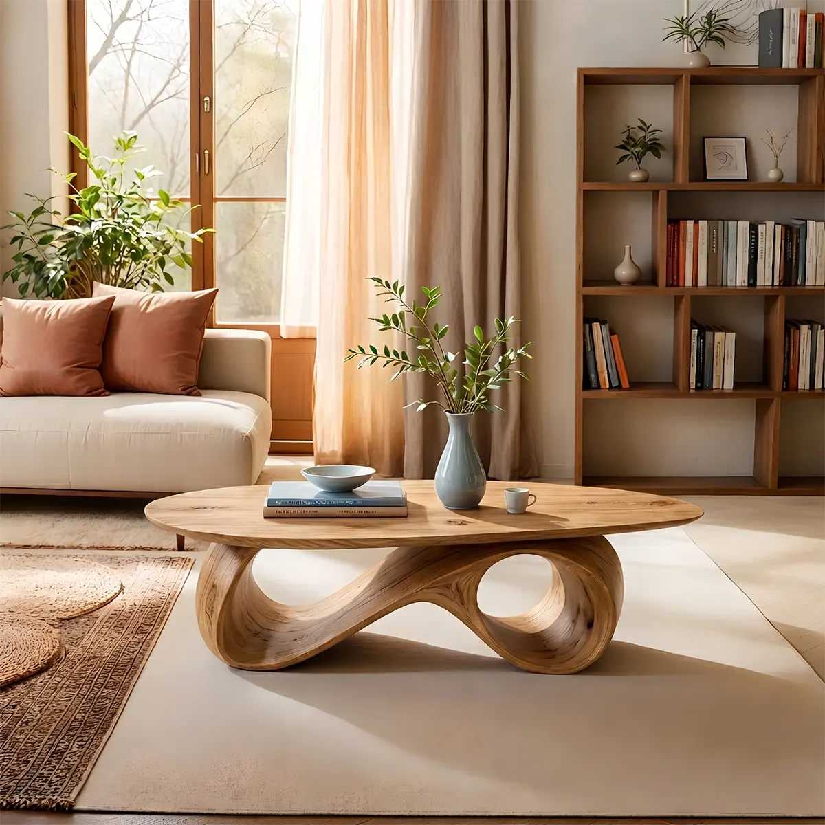 Organic Coffee Table, Sculptural Wood Coffee Table, Modern Oval Living Room Center Table TT006-5012