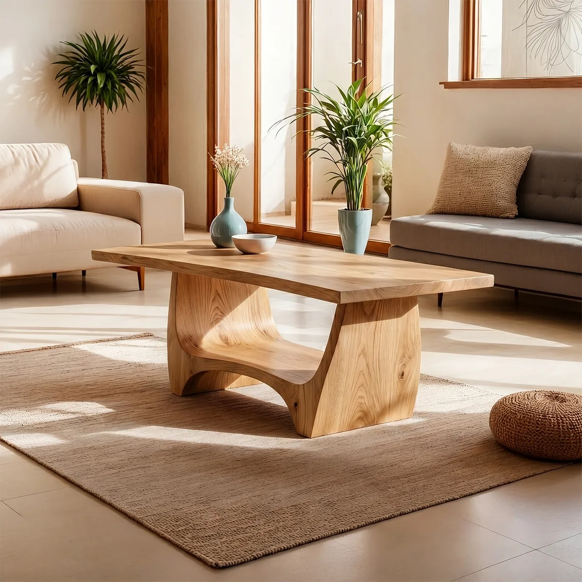 Handcrafted Solid Wood Coffee Table – Modern Rustic Sculptural Center Table