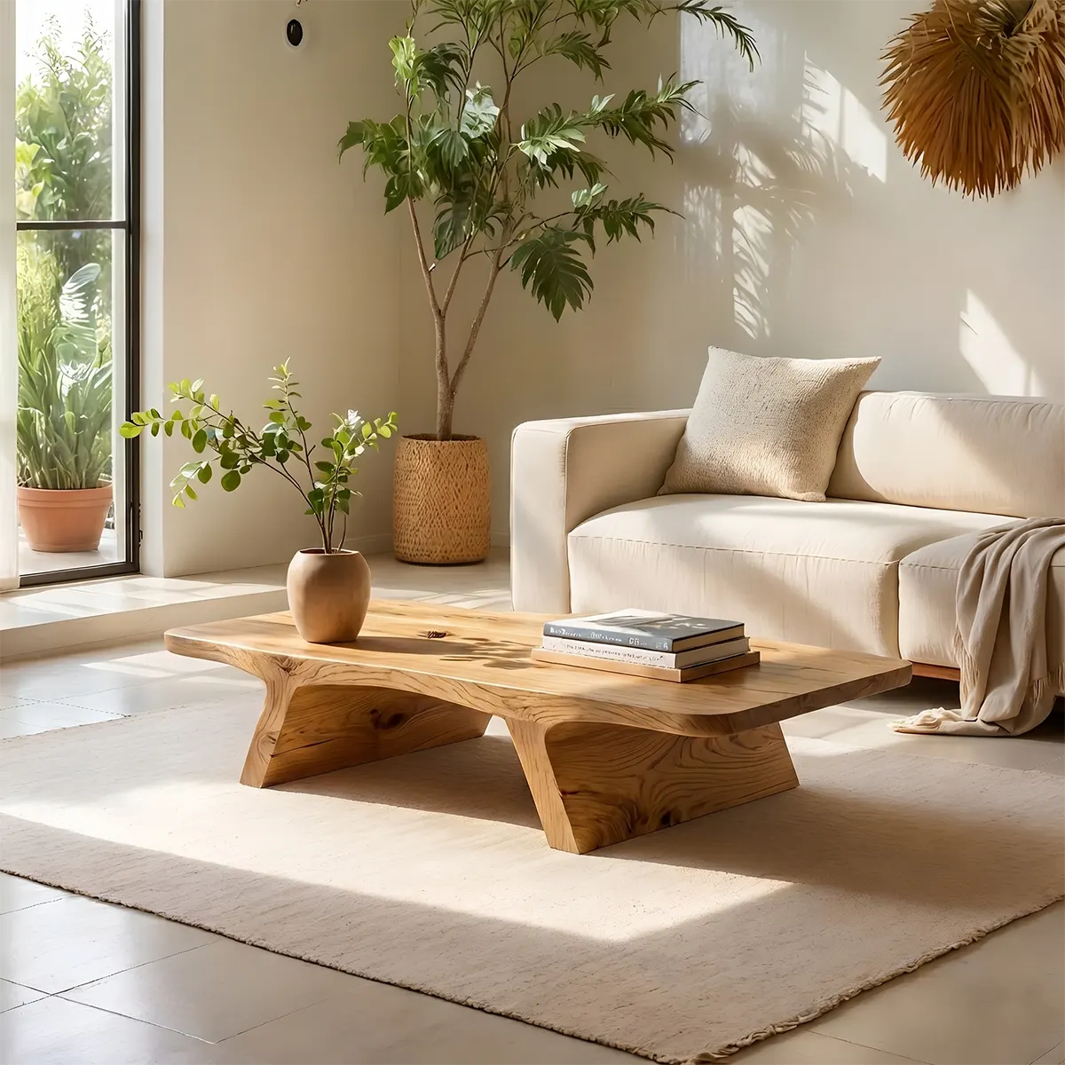 Solid Wood Live Edge Coffee Table with Sculptural Tapered Base