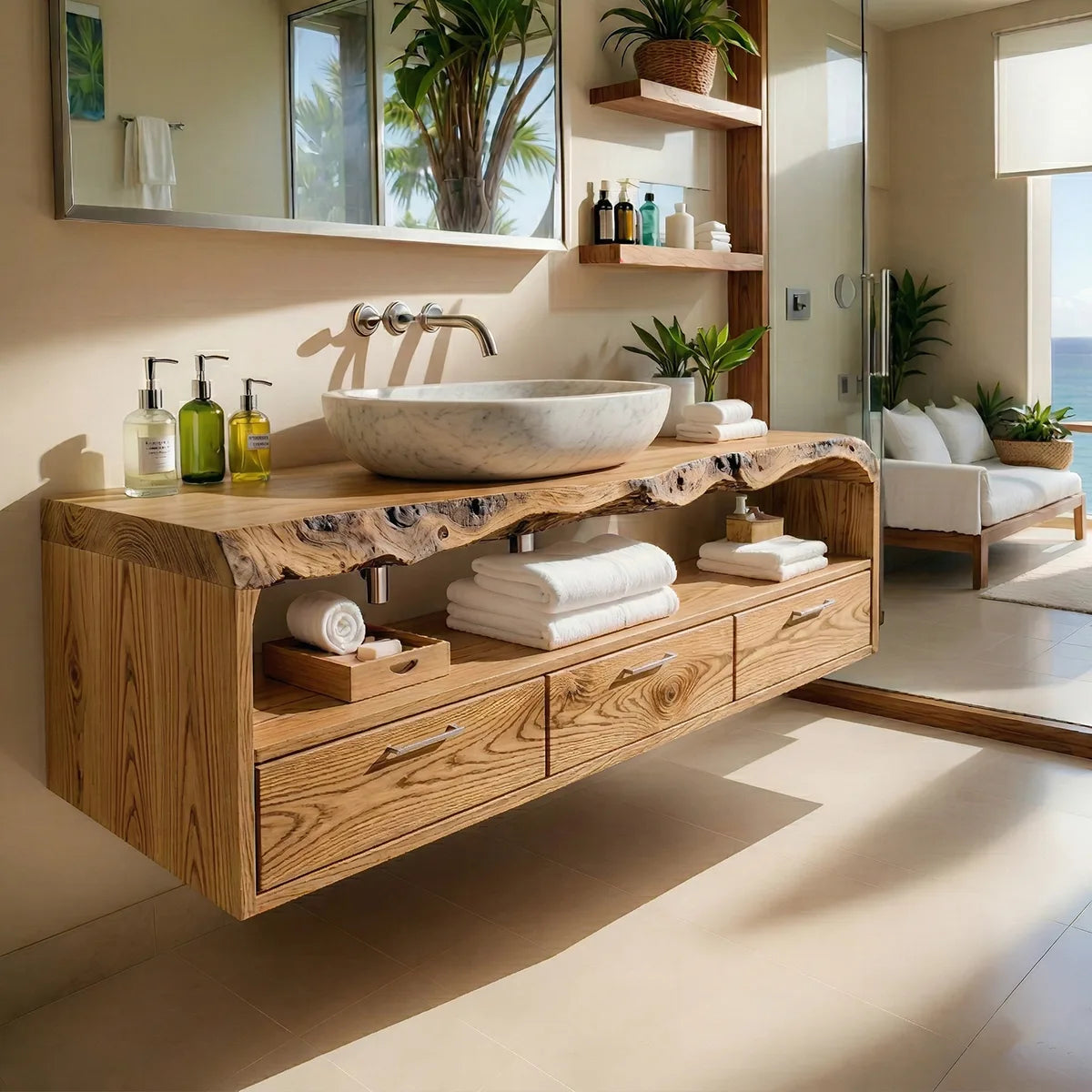 Floating Solid Wood Bathroom Vanity with Live Edge Top, Open Shelf, and 3 Drawers
