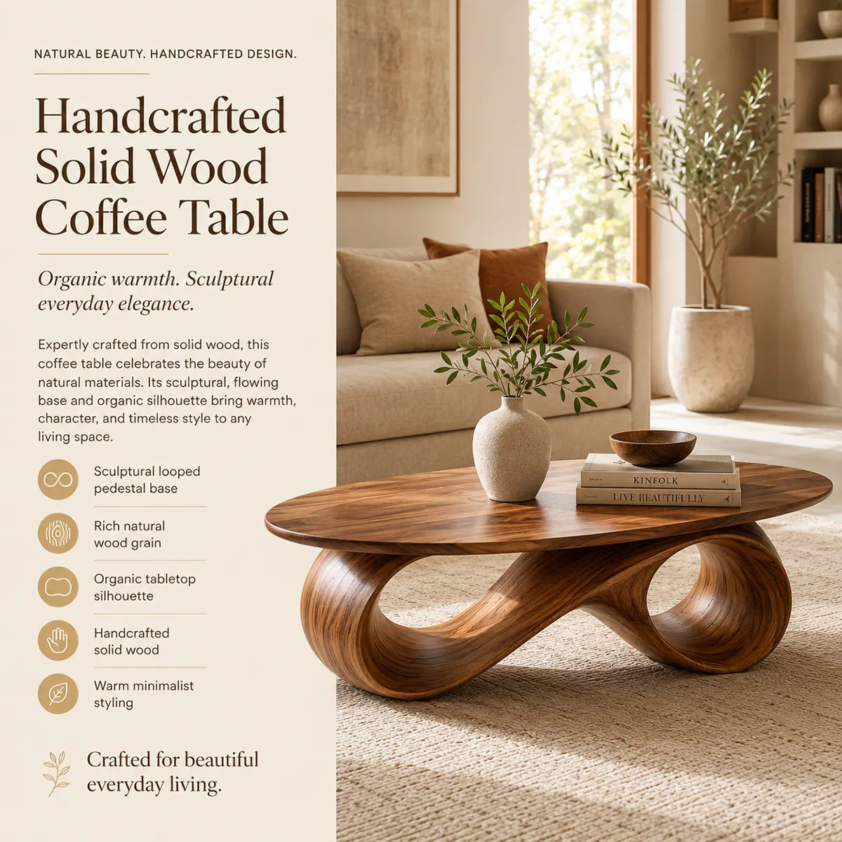 Organic Coffee Table, Sculptural Wood Coffee Table, Modern Oval Living Room Center Table TT006-5012