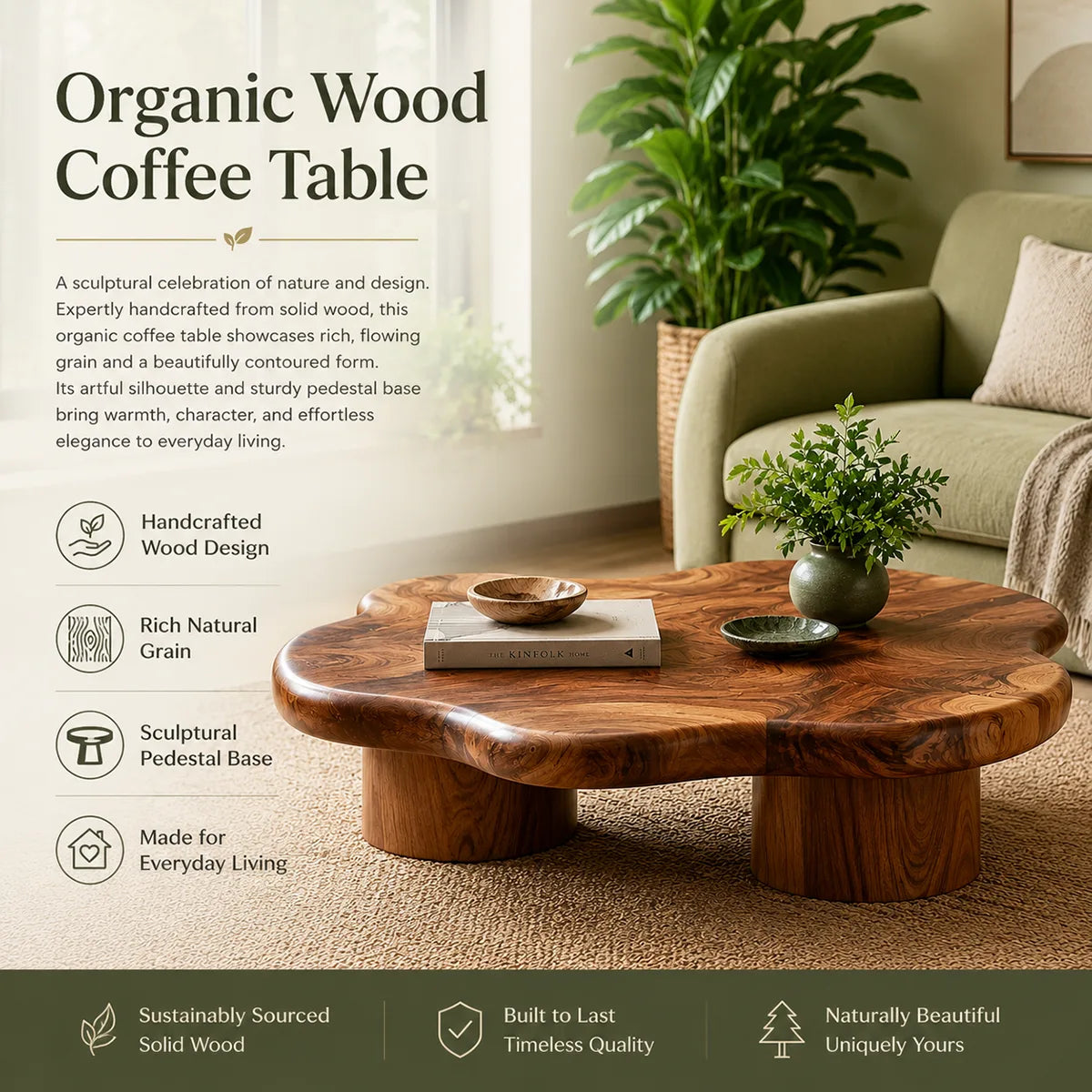 Organic Solid Wood Coffee Table | Freeform Hardwood Coffee Table with Sculptural Pedestal Base TT006-7051