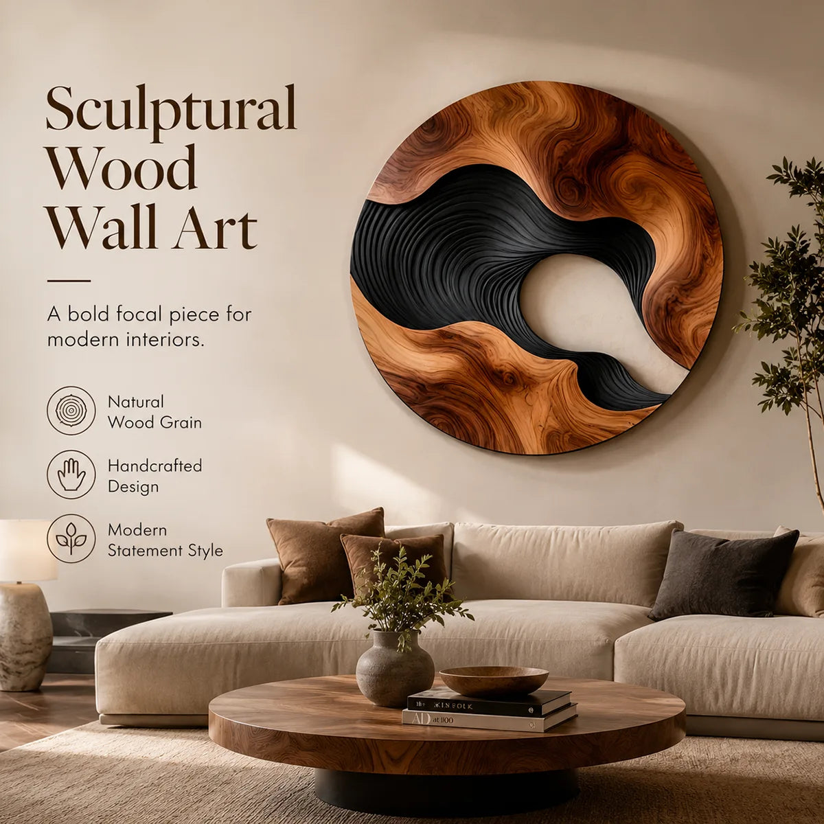 Abstract Wave Wood Wall Art | Large Round Modern Wooden Wall Sculpture TT006-6950