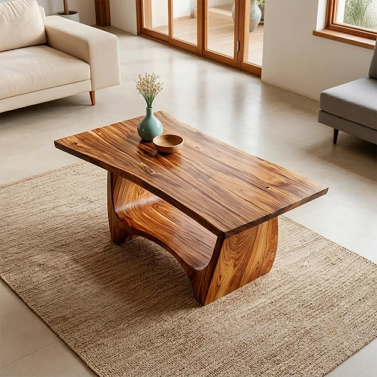 Handcrafted Solid Wood Coffee Table – Modern Rustic Sculptural Center Table