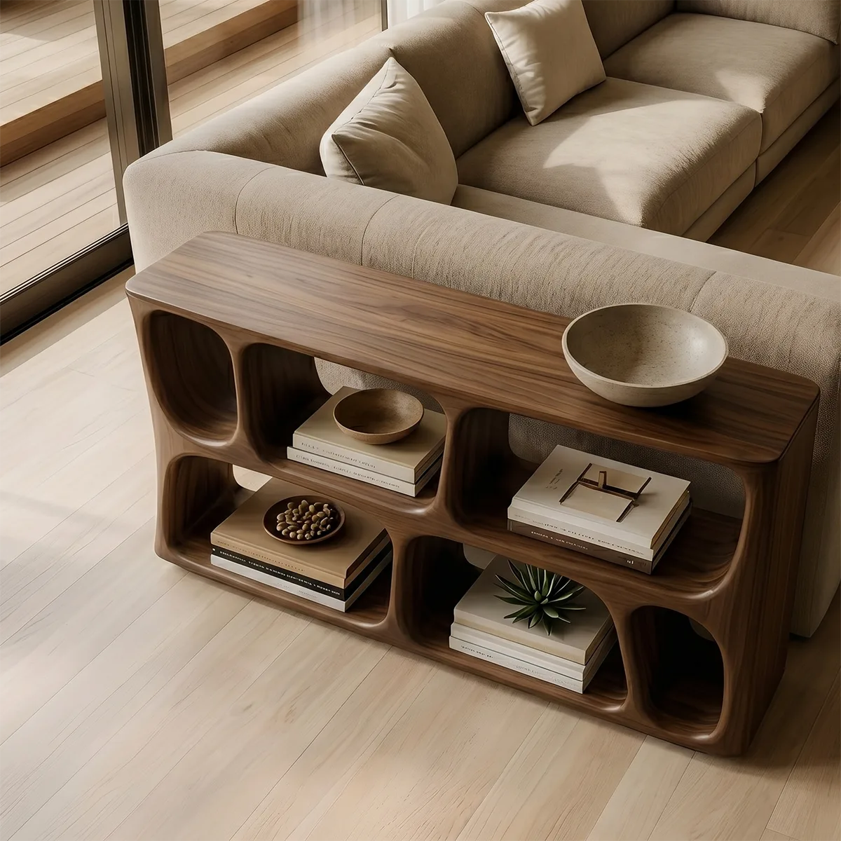 Wood Sofa Table, Console Table Behind Sofa, Organic Modern Storage Console Table HL020-5681