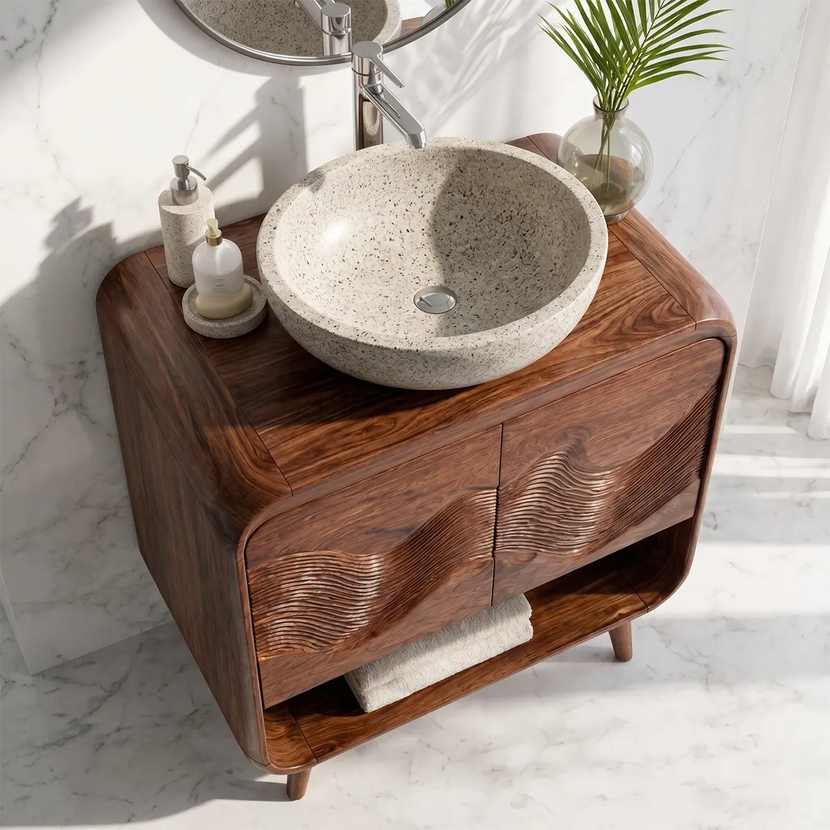 Wave Carved Bathroom Vanity with Open Shelf Storage TT006-1605