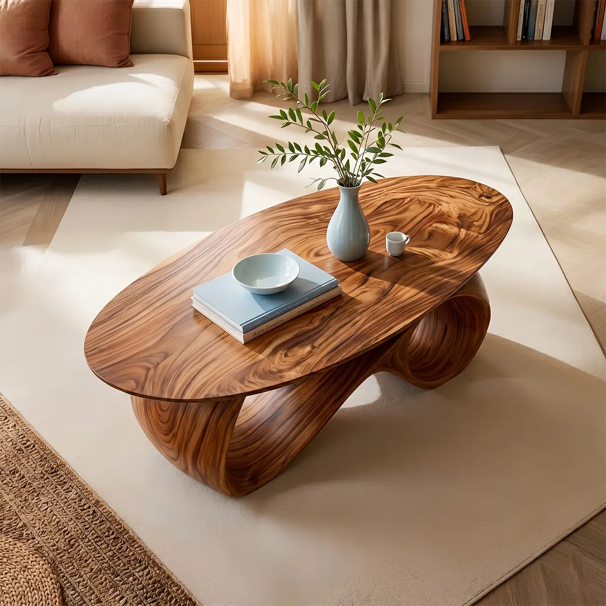 Organic Coffee Table, Sculptural Wood Coffee Table, Modern Oval Living Room Center Table TT006-5012