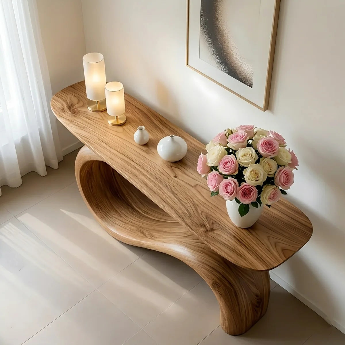 Sculptural Solid Wood Console Table with Flowing S-Curve Base