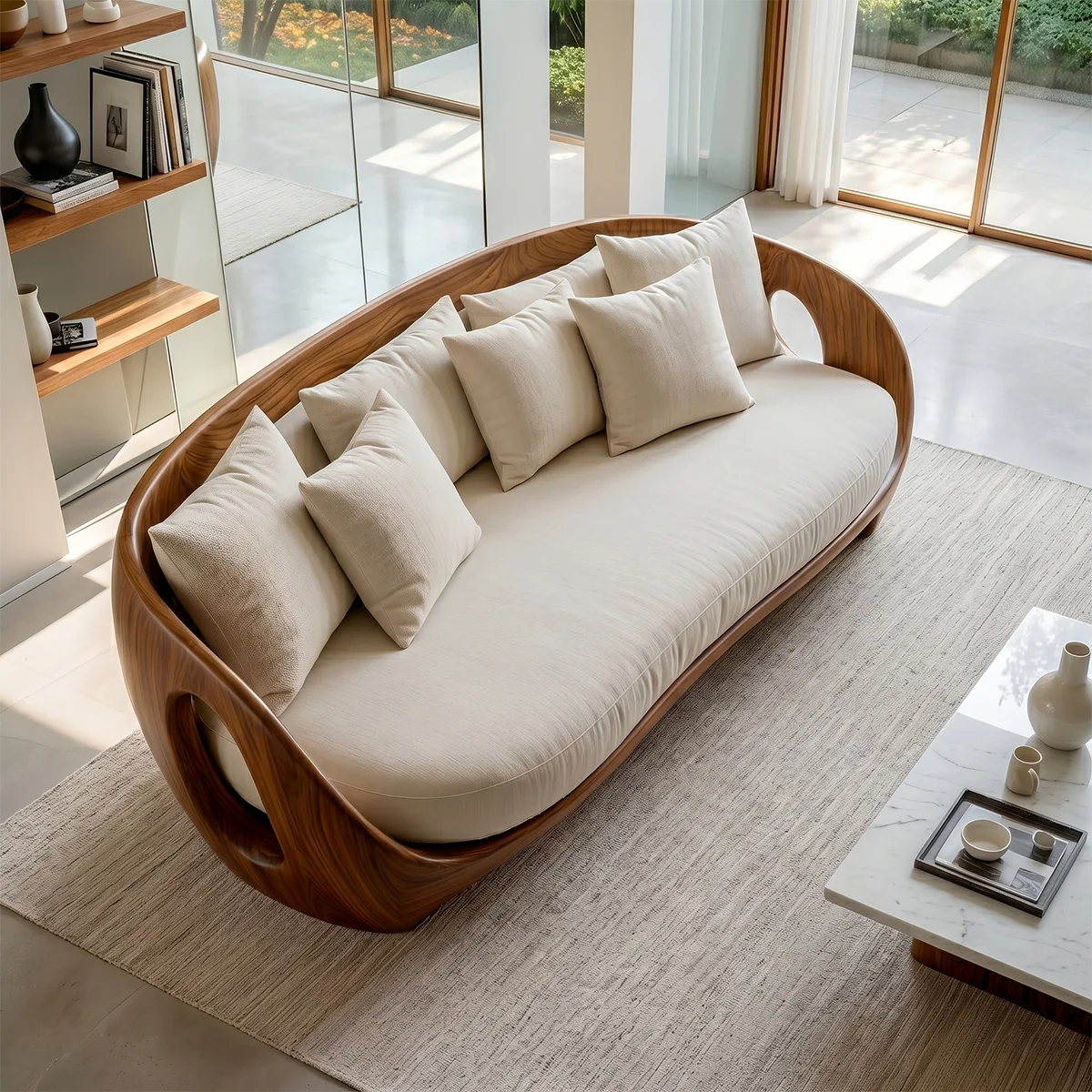 Luxury Organic Modern Sculptural Solid Wood Sofa with Curved Frame
