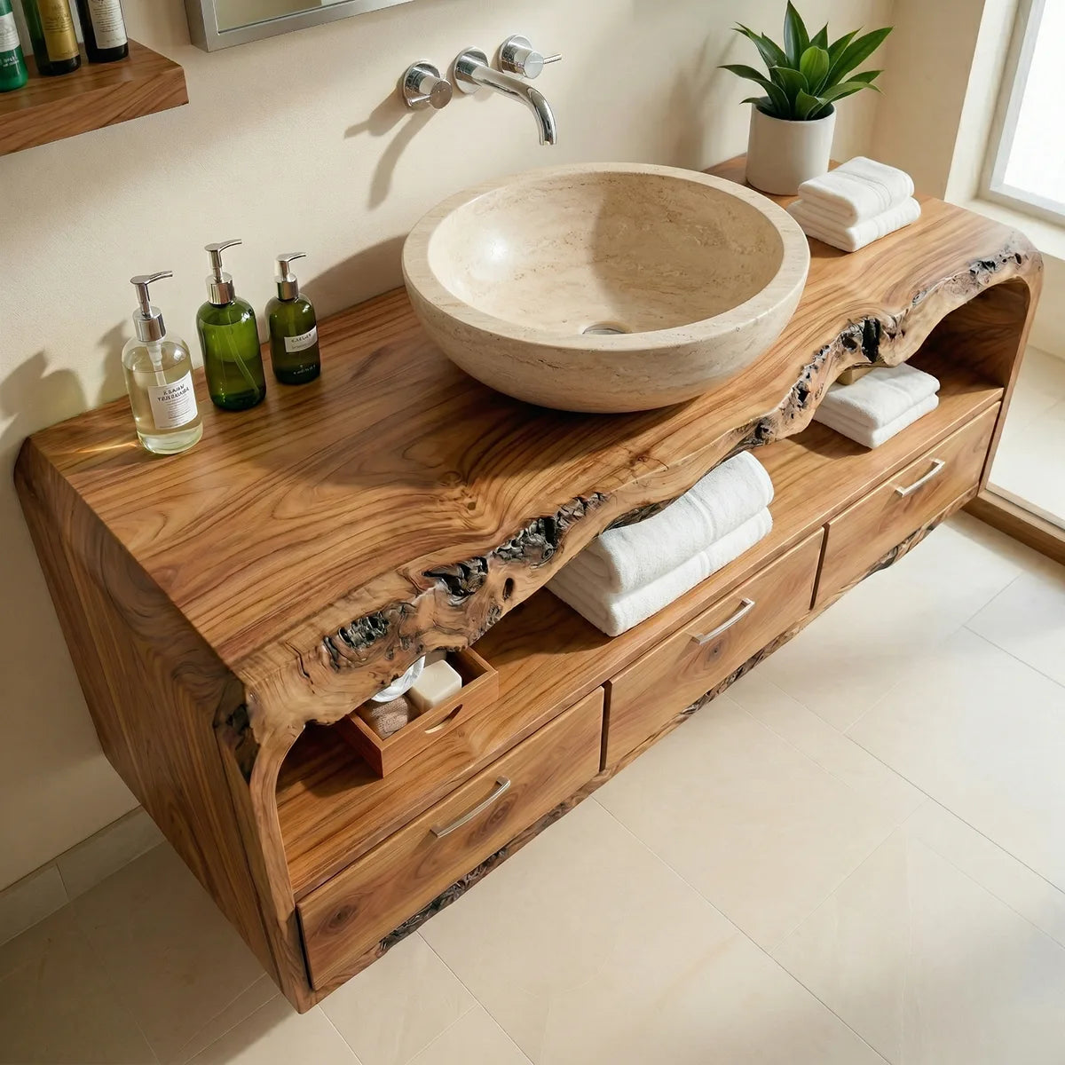 Floating Solid Wood Bathroom Vanity with Live Edge Top, Open Shelf, and 3 Drawers