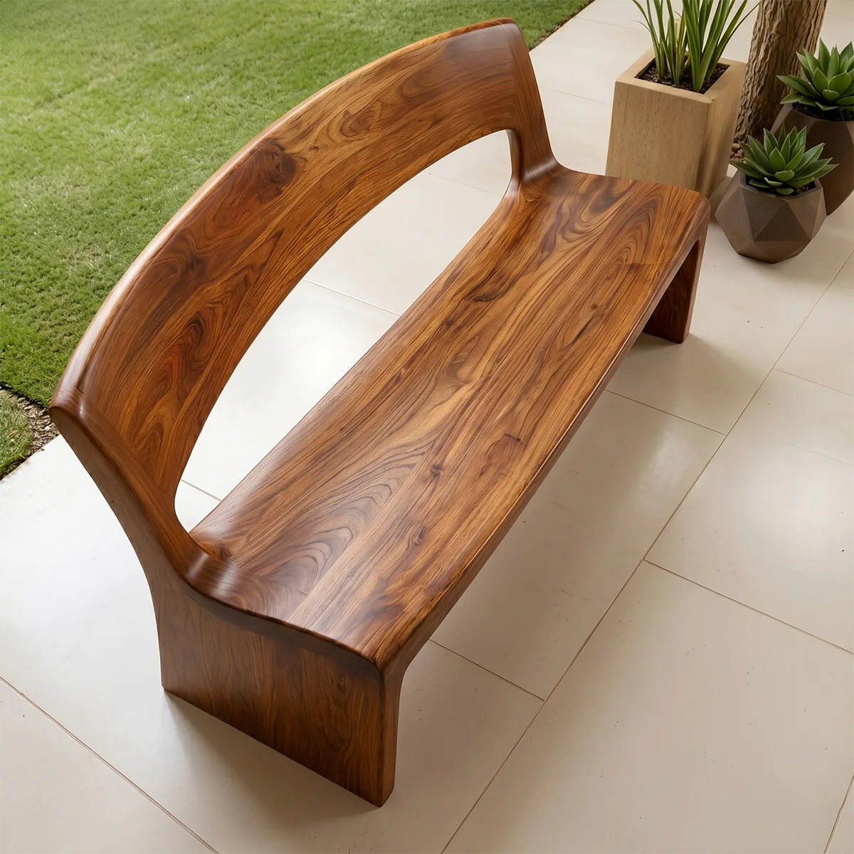 Handcrafted Solid Wood Outdoor Bench Minimalist Sculptural Garden Bench with Backrest