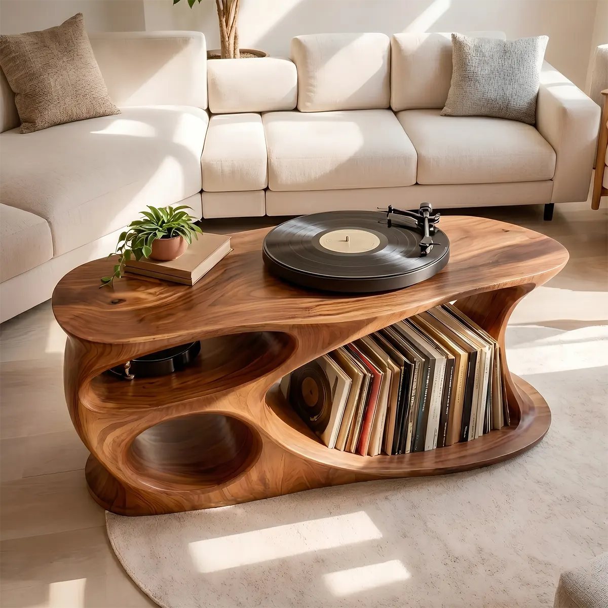 Solid Wood Record Player Stand with Vinyl Storage Shelves