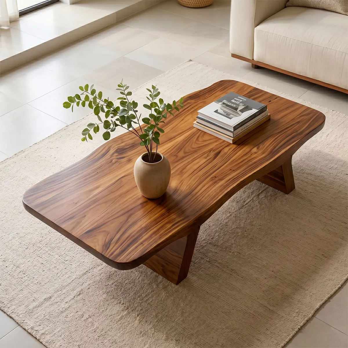 Solid Wood Live Edge Coffee Table with Sculptural Tapered Base