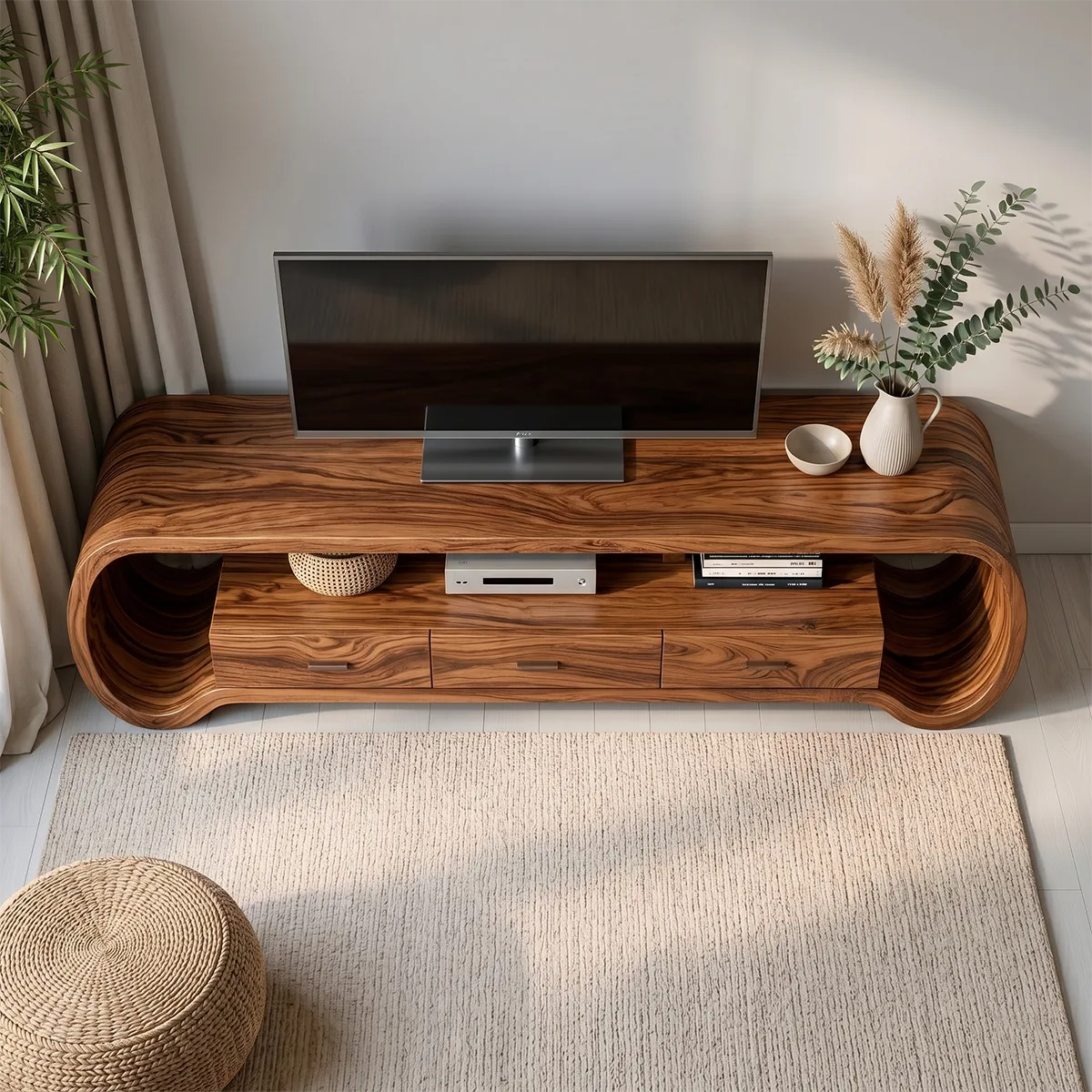 Modern Solid Wood Sculptural Loop TV Stand with Drawers