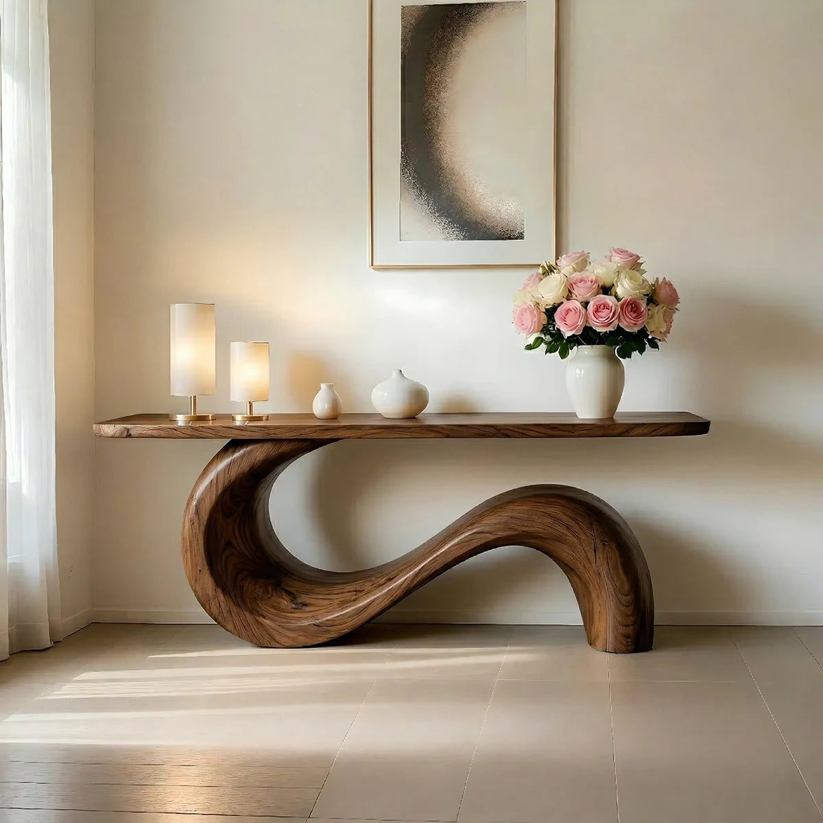 Sculptural Solid Wood Console Table with Flowing S-Curve Base