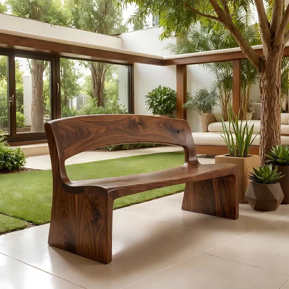 Handcrafted Solid Wood Outdoor Bench Minimalist Sculptural Garden Bench with Backrest
