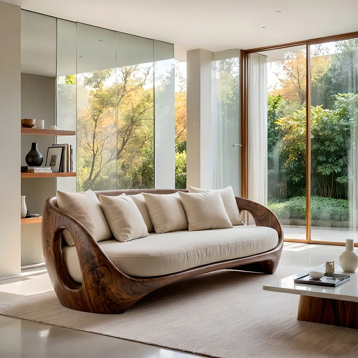 Luxury Organic Modern Sculptural Solid Wood Sofa with Curved Frame