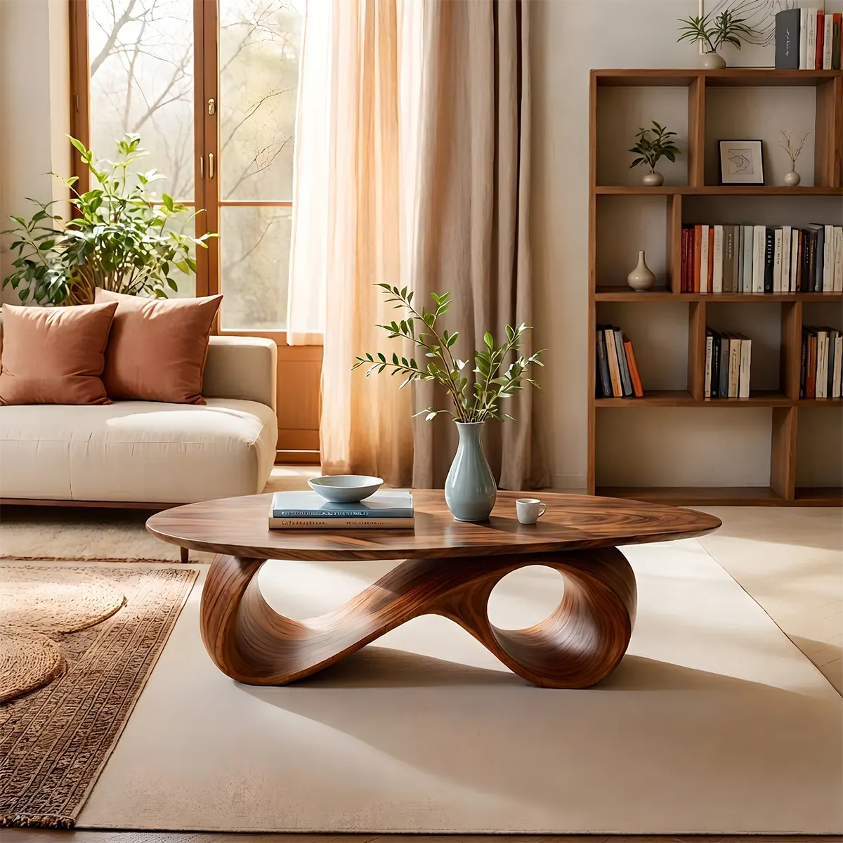 Organic Coffee Table, Sculptural Wood Coffee Table, Modern Oval Living Room Center Table TT006-5012